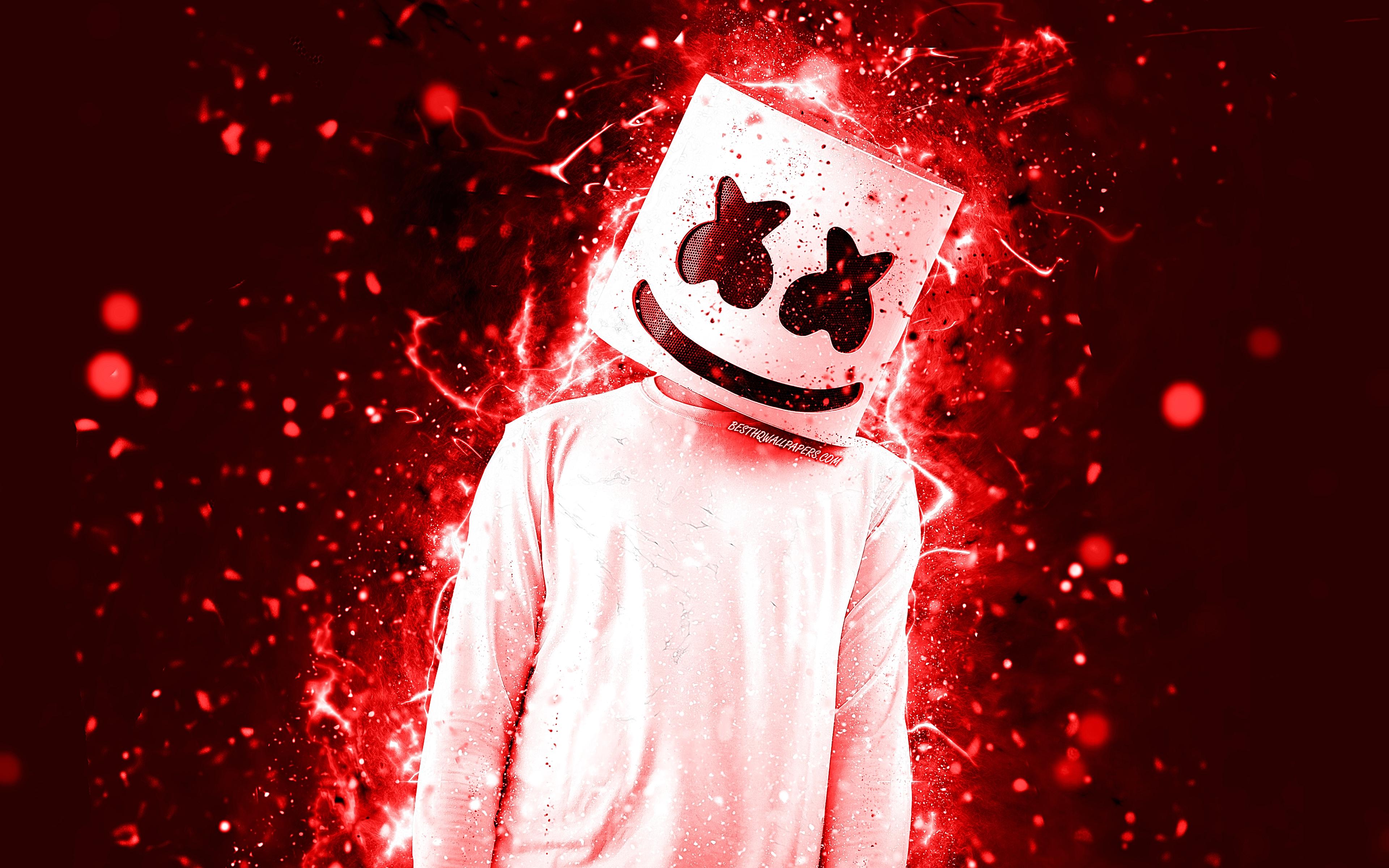 3840x2400 Download wallpaper DJ Marshmello, red neon, 4k, Christopher Comstock, fan art, creative, american DJ, Marshmello 4k, artwork, Marshmello DJ, superstars, Marshmello, DJs for desktop with resolution 3840x2400. High Quality HD picture wallpaper