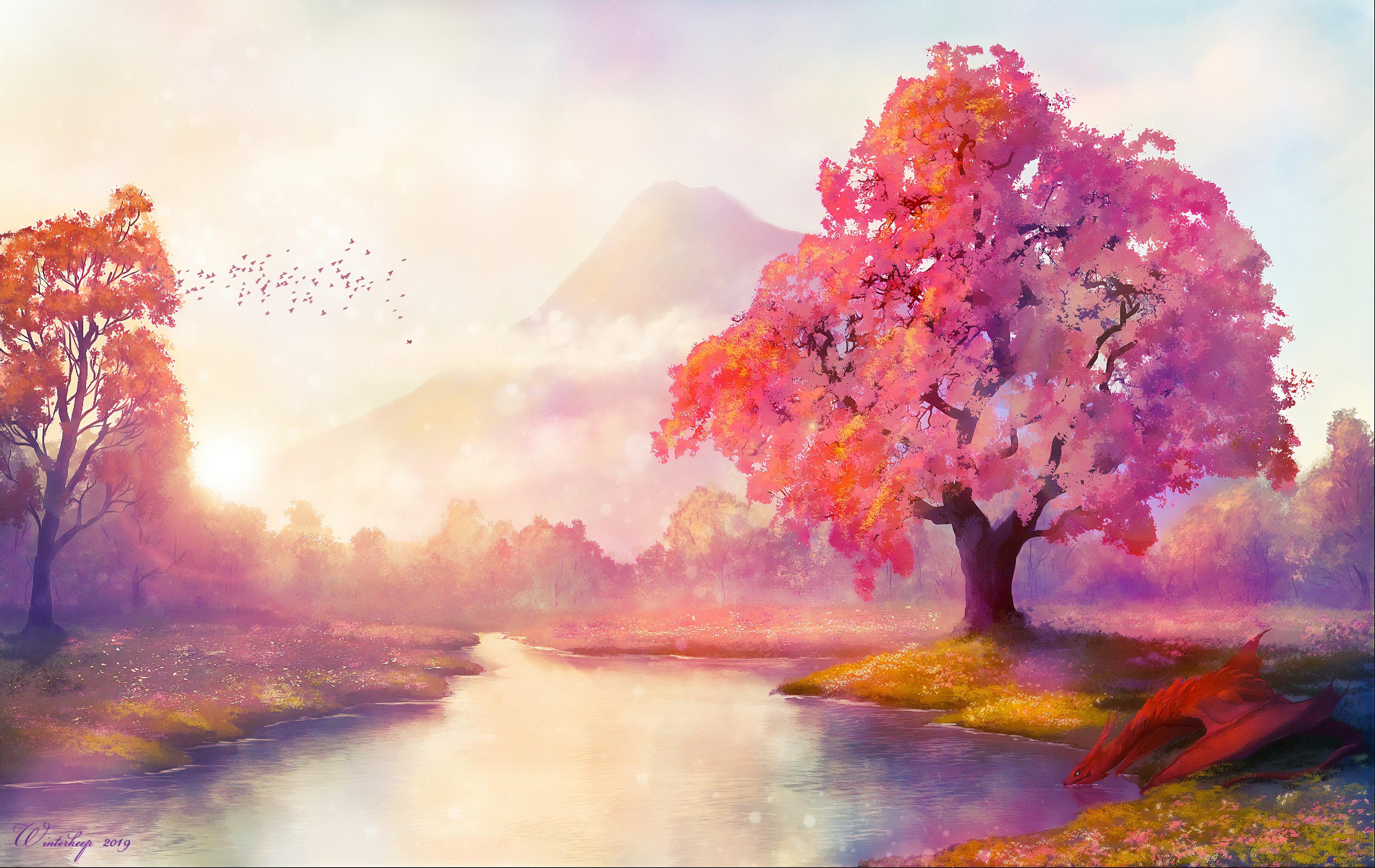3840x2425 Wallpaper / tree, river, artist, artwork, digital art, hd, , 4k free download