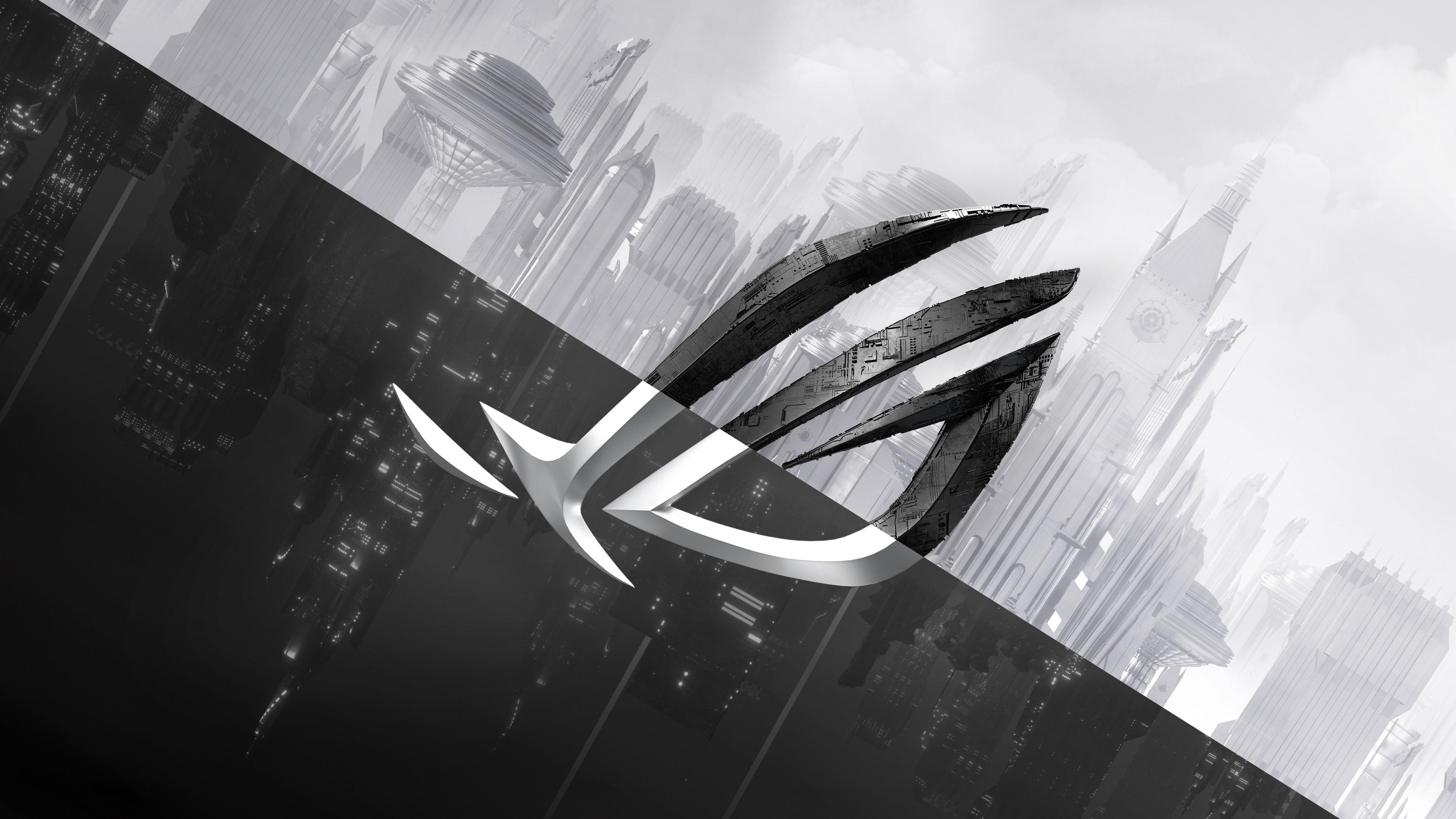 3840x2160 4K, Republic of Gamers, monochrome, ASUS, laptop, gaming laptop, PC gaming, AMD, logo Gallery HD Wallpaper