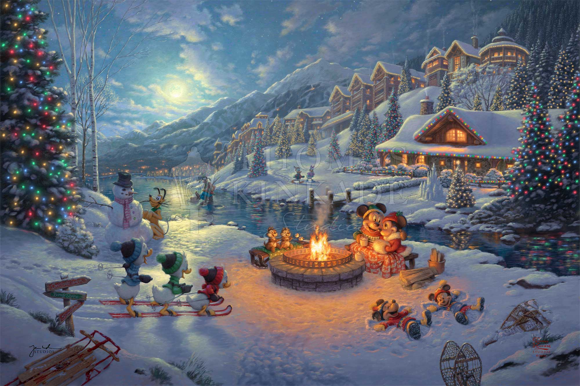 2000x1333 Disney Mickey and Minnie Christmas Lodge Art by Thomas Kinkade Studios