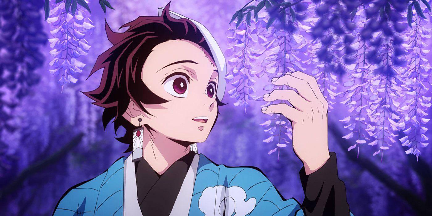 1400x700 Download Tanjiro And Wisteria Flowers Wallpaper