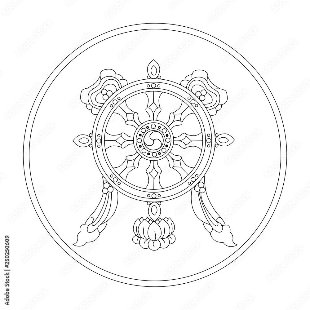1000x1000 Dharmachakra. eight auspicious symbols of buddhism. Valuable. Black and White Drawing Stock Vector