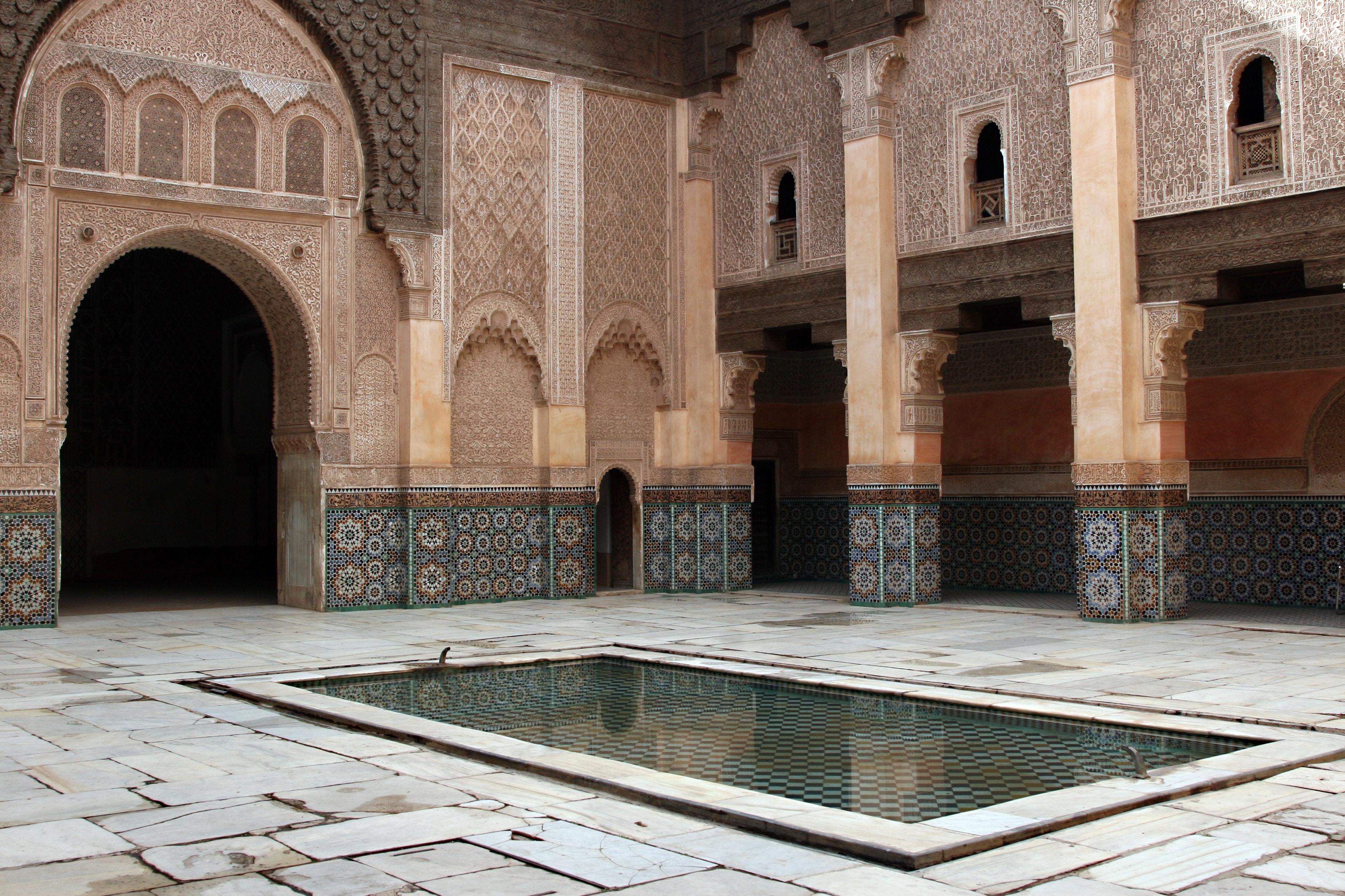3543x2362 3543x2362 mosaic, aqua, pool, building, hall, pattern, water, arch, islam, architecture, Free image, exterior, column, courtyard, mosque, monument, morocco, marrakech, traditional design, palace, ornate Gallery HD Wallpaper