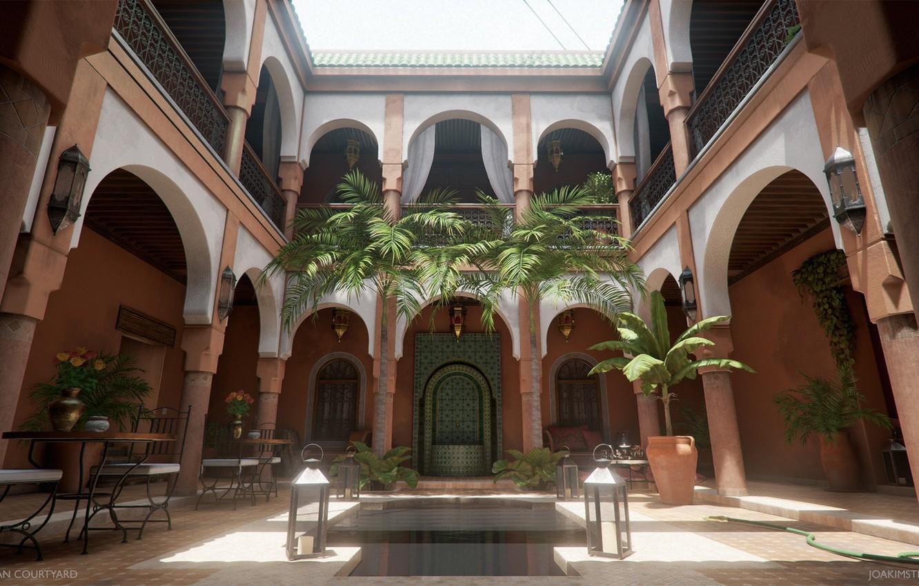 1332x850 Wallpaper palm trees, yard, lights, architecture, Moroccan Courtyard image for desktop, section рендеринг