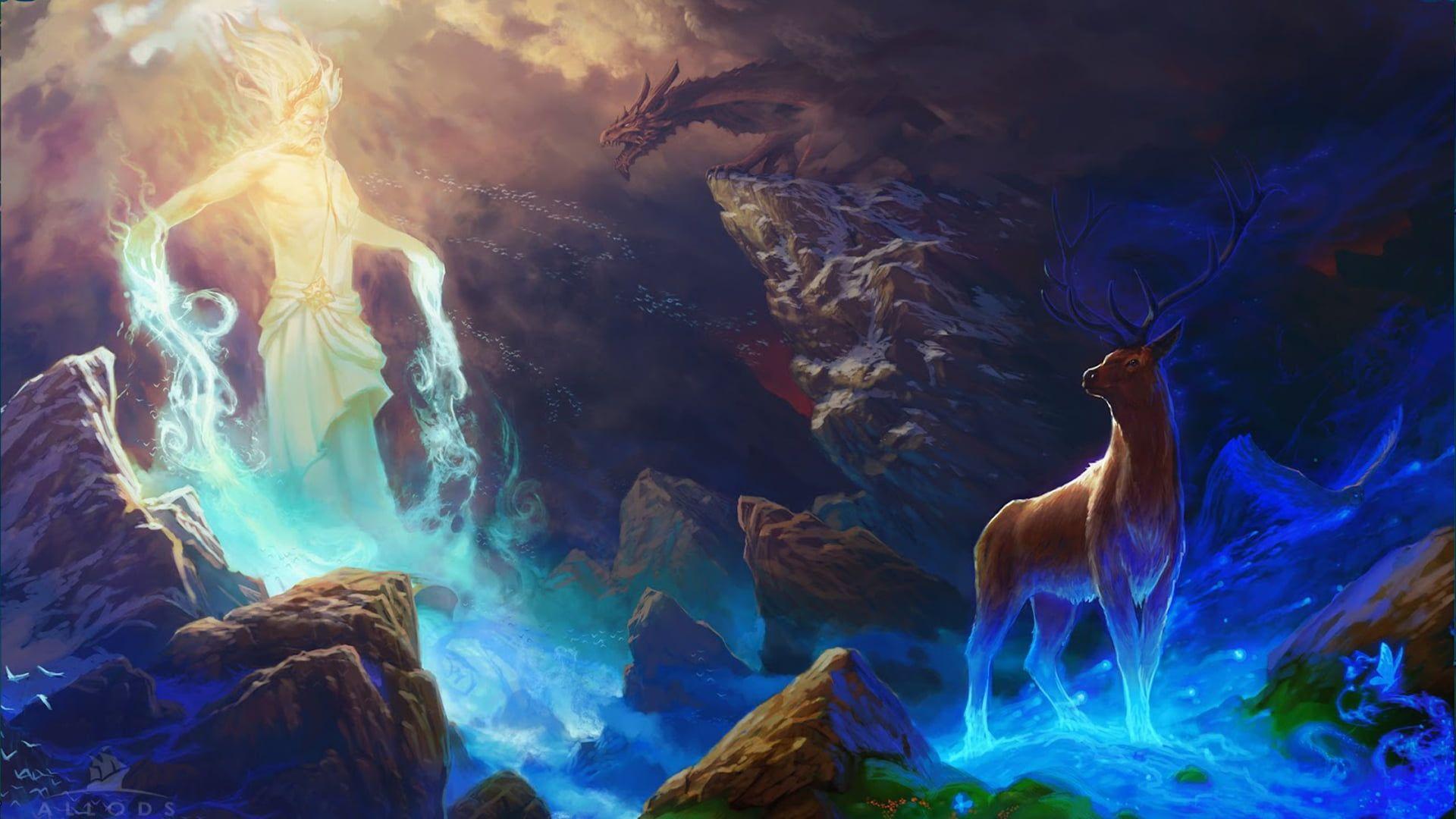 1920x1080 illustration of nature #stones #magic #dragon #spirit #deer #cave P # wallpaper #hdwallpaper #des. Digital art fantasy, Sea illustration, Art wallpaper iphone