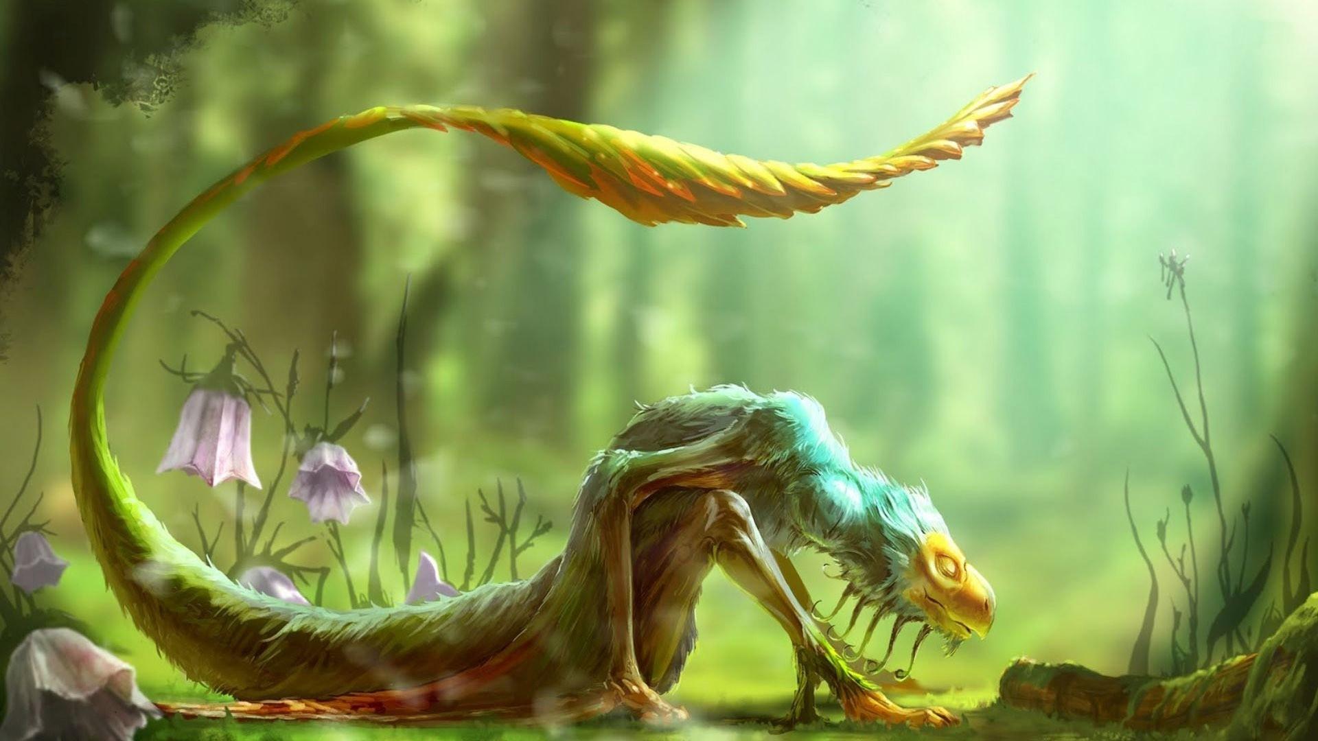 1920x1080 digital art, fantasy art, depth of field, flowers, tail, creature, nature, plants, dragon, jungle, velociraptor, dinosaur, computer wallpaper, fictional character, mythical creature Gallery HD Wallpaper