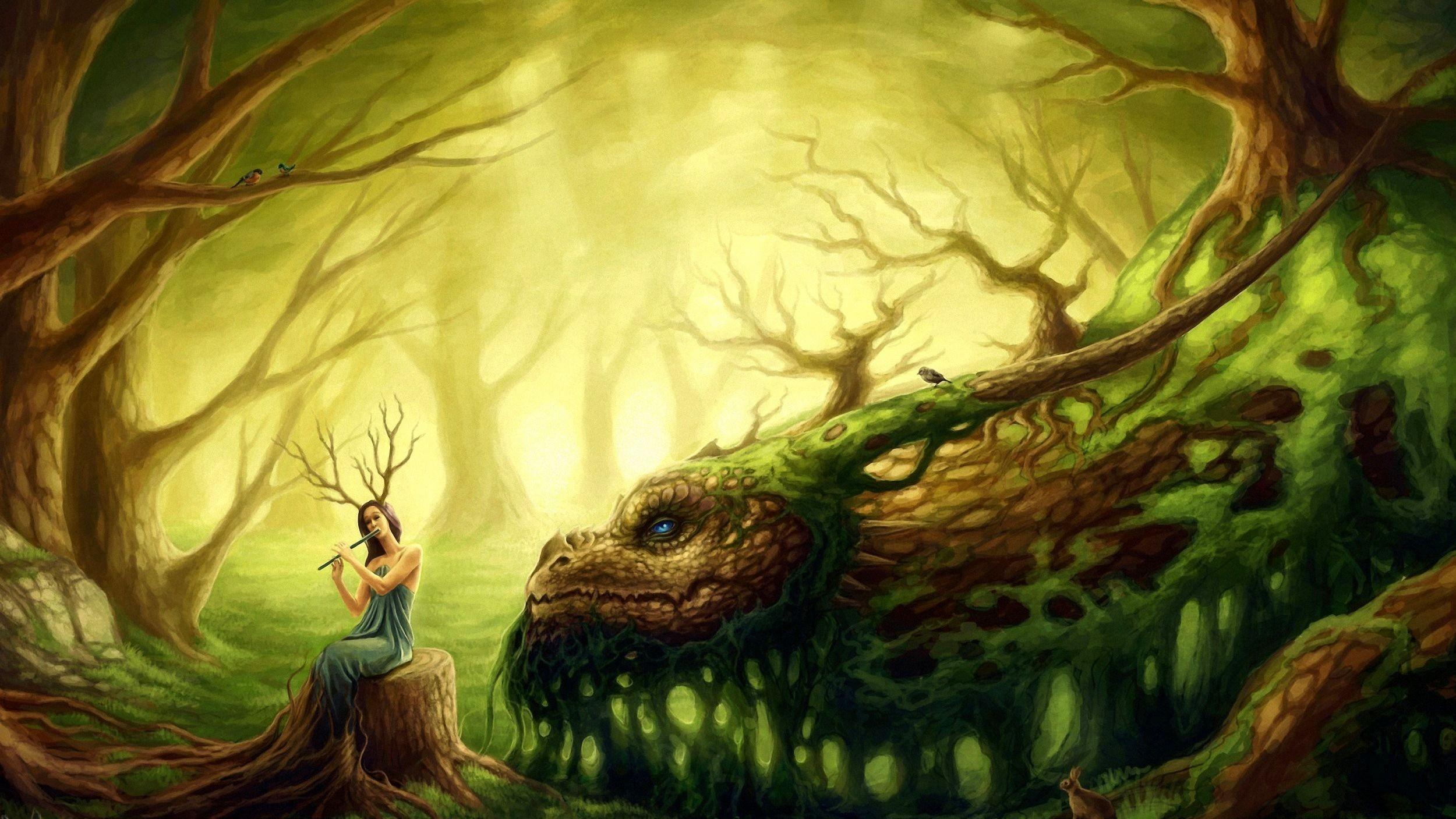 2500x1407 forest, illustration, fantasy art, dragon, jungle, mythology, swamp, dryads, screenshot, habitat, natural environment, computer wallpaper, fictional character Gallery HD Wallpaper
