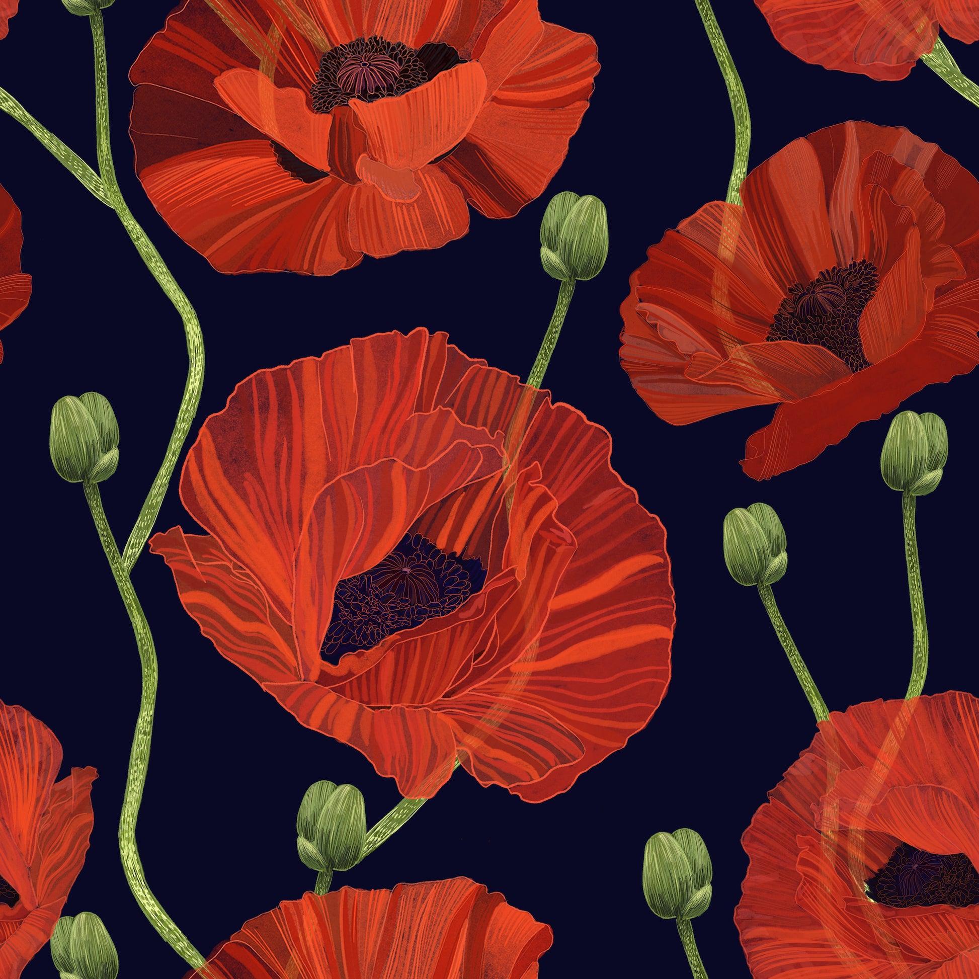 1946x1946 Red Poppy Flower Wallpaper, Black Wallpaper with Huge Eclectic Floral
