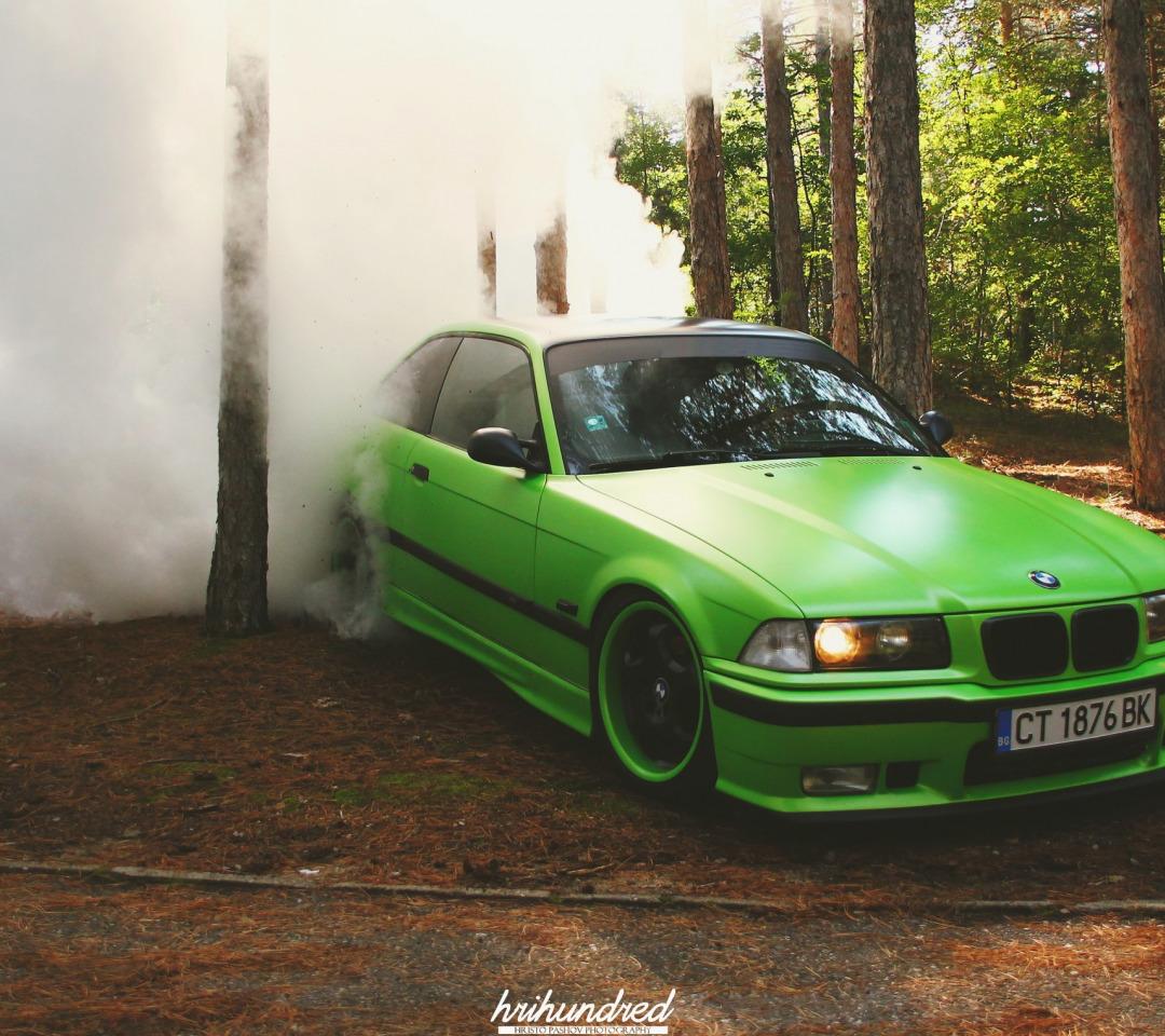1080x960 Download wallpaper green, tuning, bmw, BMW, wheels, drift, forest, smoke, tuning, power, burnout, germany, low, stance, e section bmw in resolution 1080x960