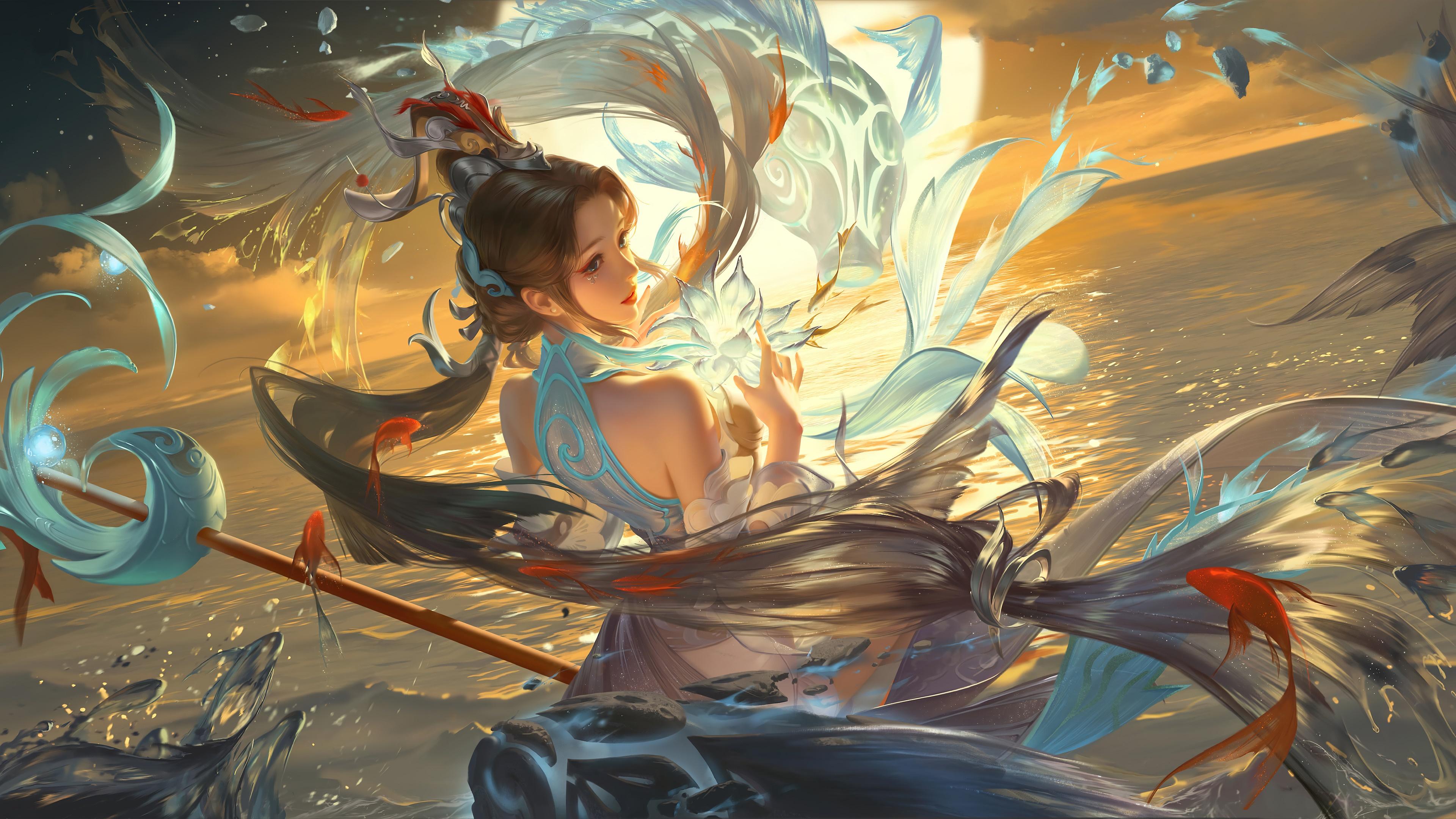 3840x2160 fantasy, girl, ocean, art, 4k Gallery HD Wallpaper