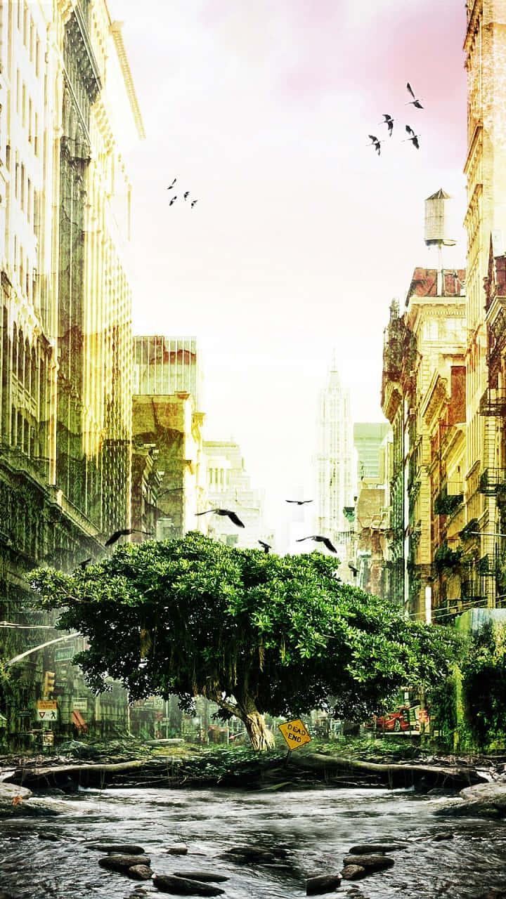 720x1280 Download A Tree In The Middle Of A City Wallpaper