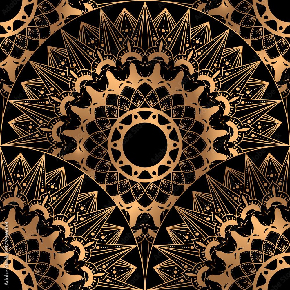 1000x1000 Golden luxury background vector. Gold black scale pattern seamless design. Indian mandala ornament for wedding party invitation, spa beauty, yoga salon, wallpaper, bridal fashion and holiday cards. Stock Vector