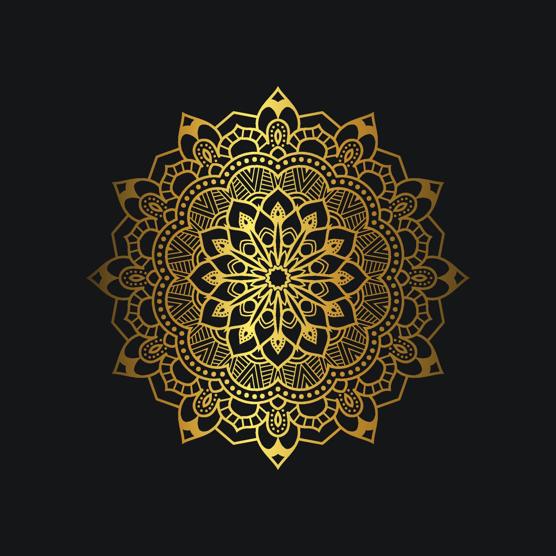 1920x1920 Luxury mandala design with golden color. Deluxe golden floral ornament on black background. Suitable for graphic resources, wedding invitation, business card, wallpaper