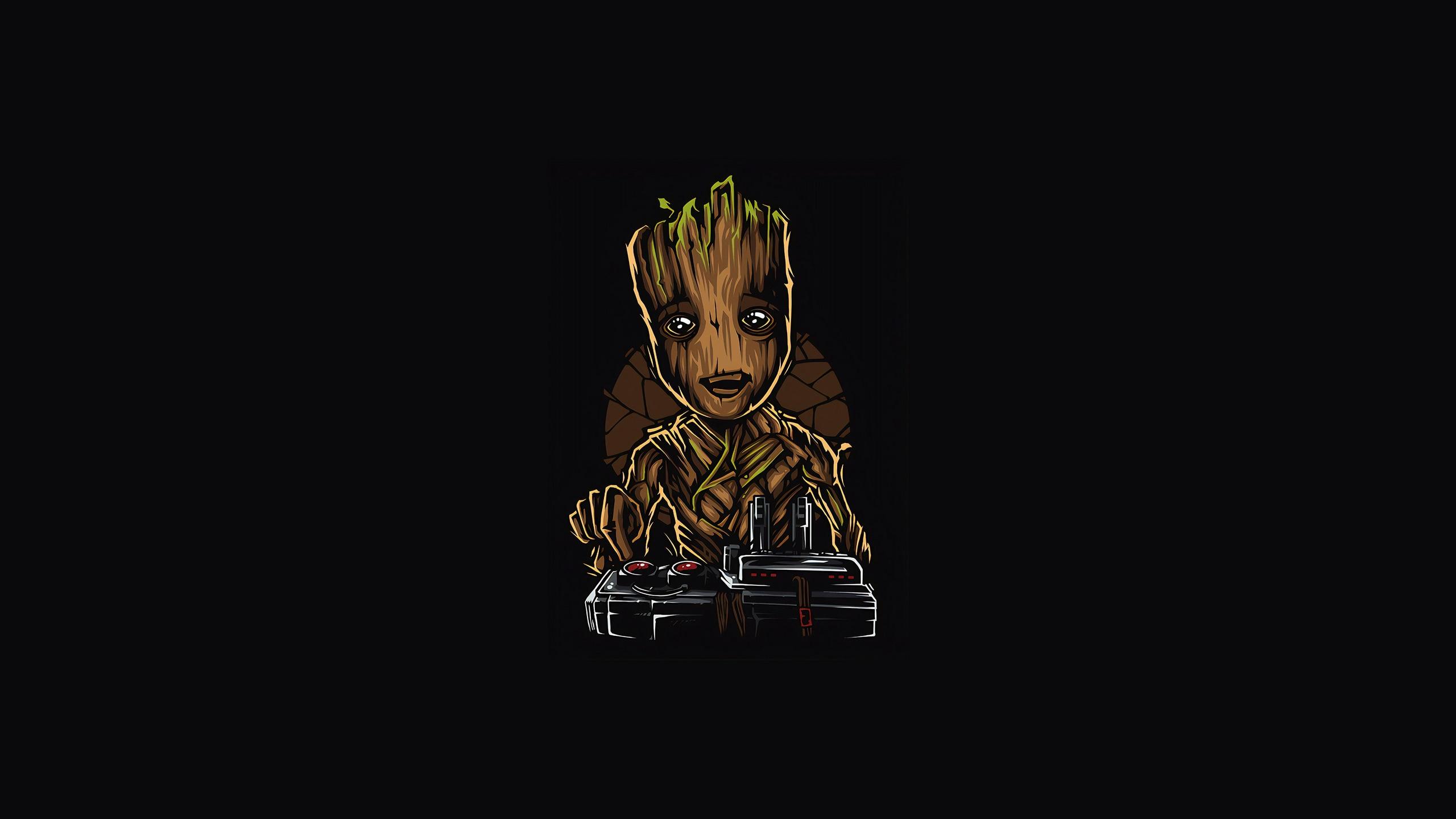 2560x1440 Wallpaper / digital, digital art, artwork, minimalism, illustration, simple, simple background, black, black background, Marvel Comics, Marvel Cinematic Universe, fictional, fictional character, character design, Groot, Baby Groot, Guardians