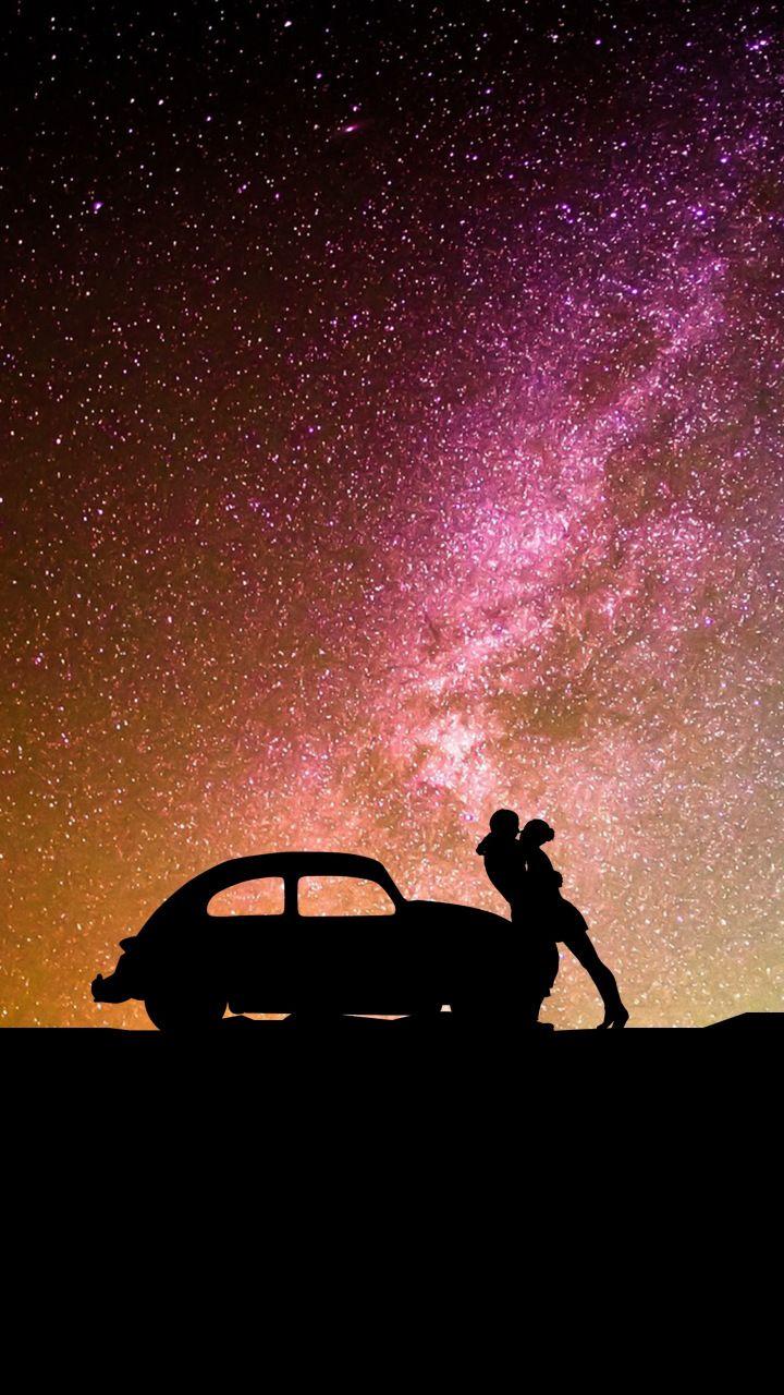 720x1280 Silhouettes, couple, car, milky way, hug, 720x1280 wallpaper. Galaxy painting, Silhouette painting, Romantic paintings