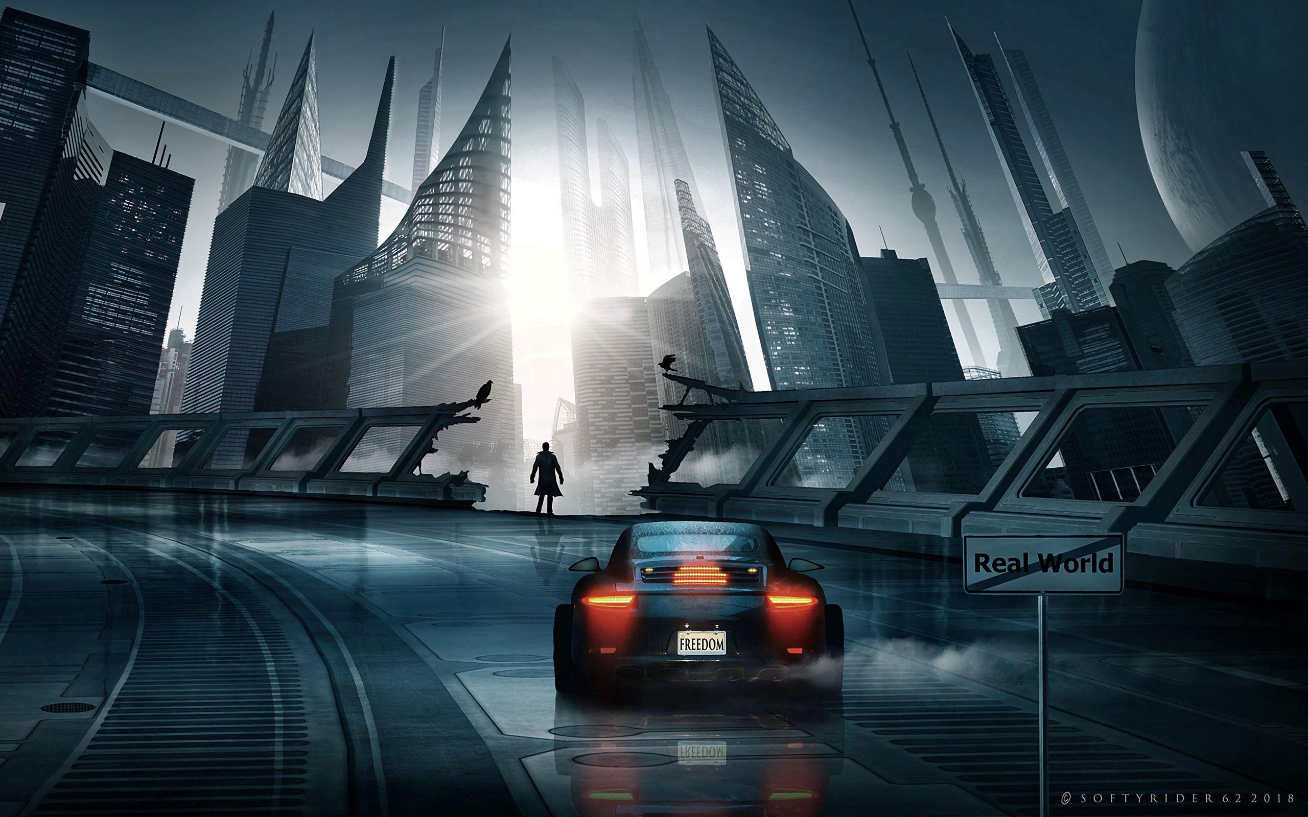 2560x1600 Download wallpaper 2560x1600 car, sports car, silhouette, city, cyberpunk, futurism widescreen 16:10 HD background