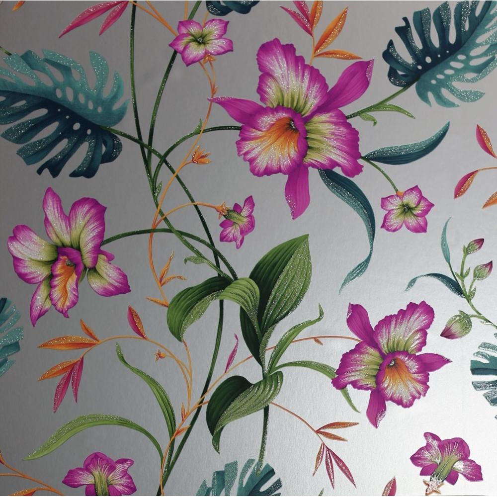 1000x1000 Tahiti Tropical Floral Wallpaper Silver from I Love Wallpaper UK