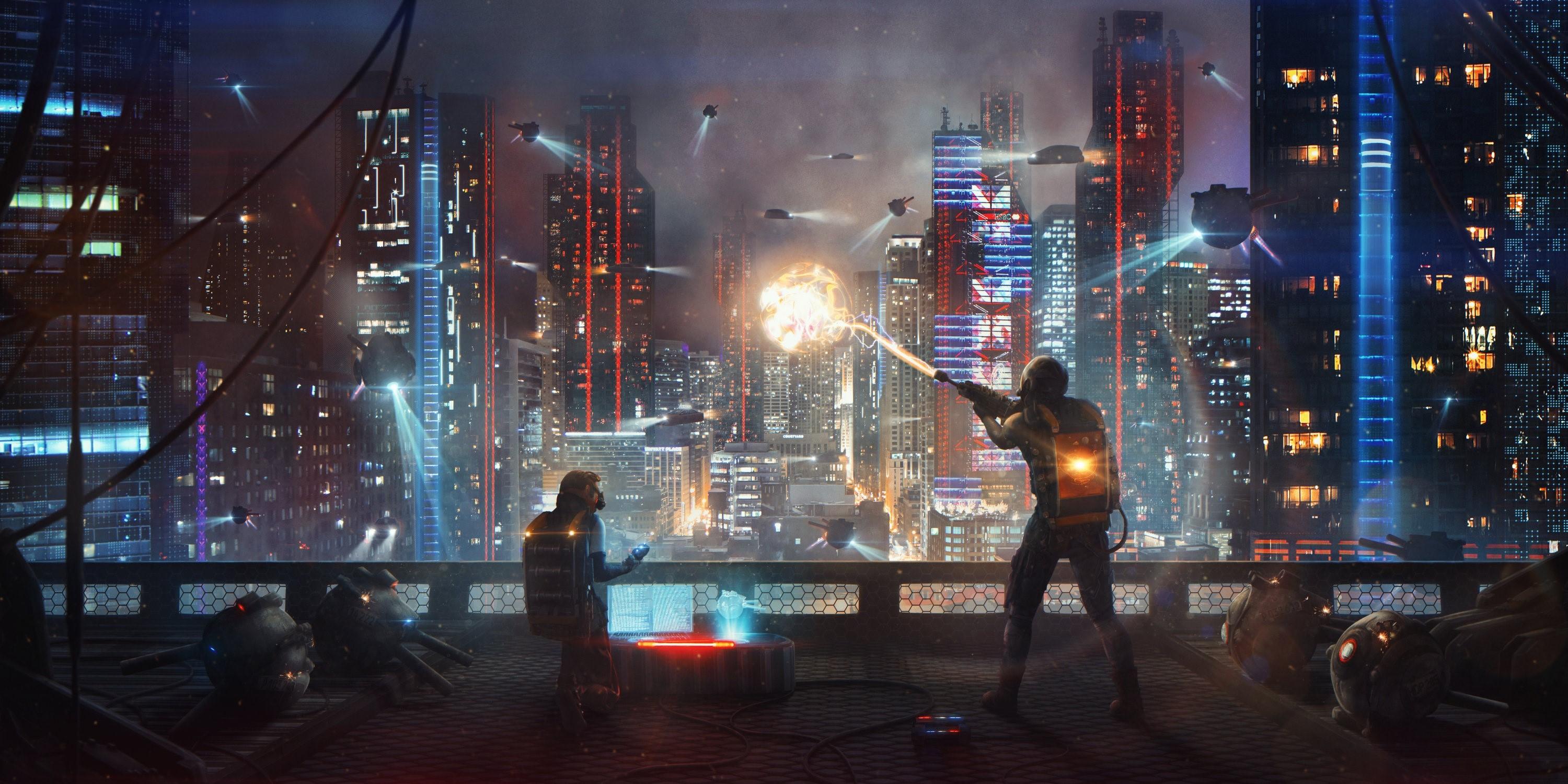 3000x1500 Wallpaper / dark, city, cityscape, artwork, futuristic, futuristic city, night free download