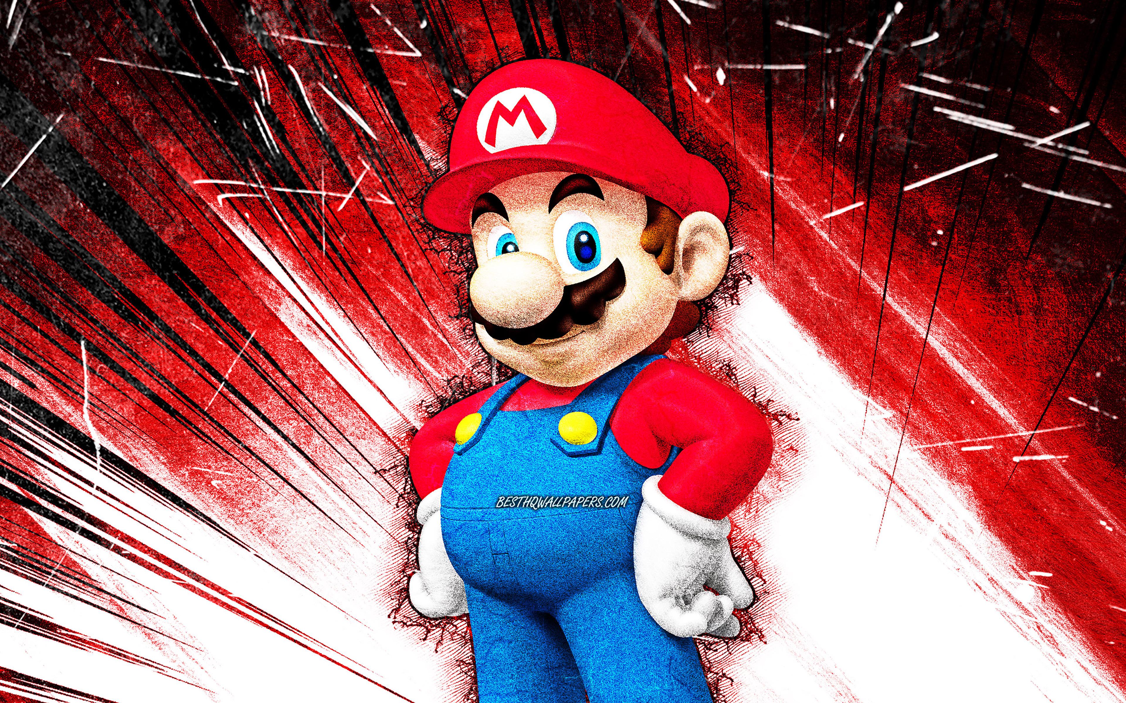 3840x2400 Download wallpaper 4k, Mario, grunge art, cartoon plumber, Super Mario, red abstract rays, Super Mario characters, Super Mario Bros, Mario Super Mario for desktop with resolution 3840x2400. High Quality HD picture wallpaper