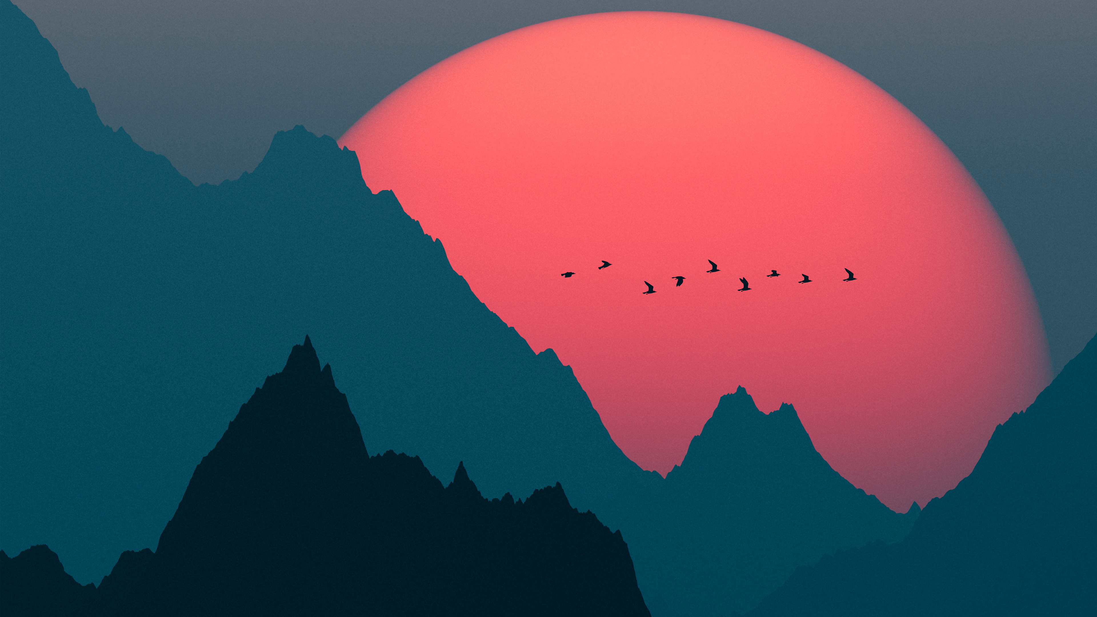 3840x2160 digital art, artwork, illustration, landscape, minimalism, mountains, Sunx2160 Wallpaper