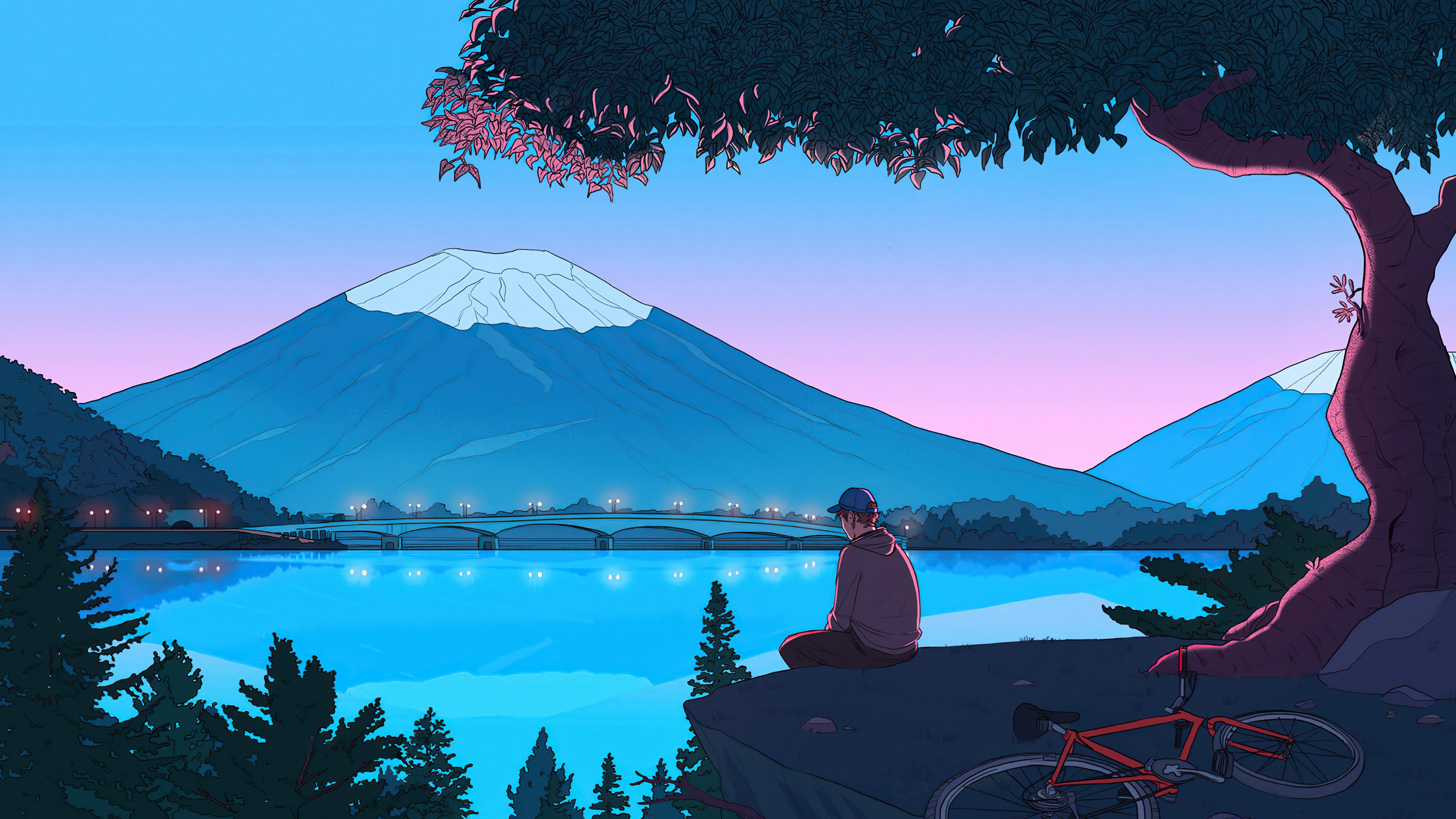 3840x2160 mountains, bridge, trees, alone, street light, lake, bicycle, cyanx2160 Wallpaper