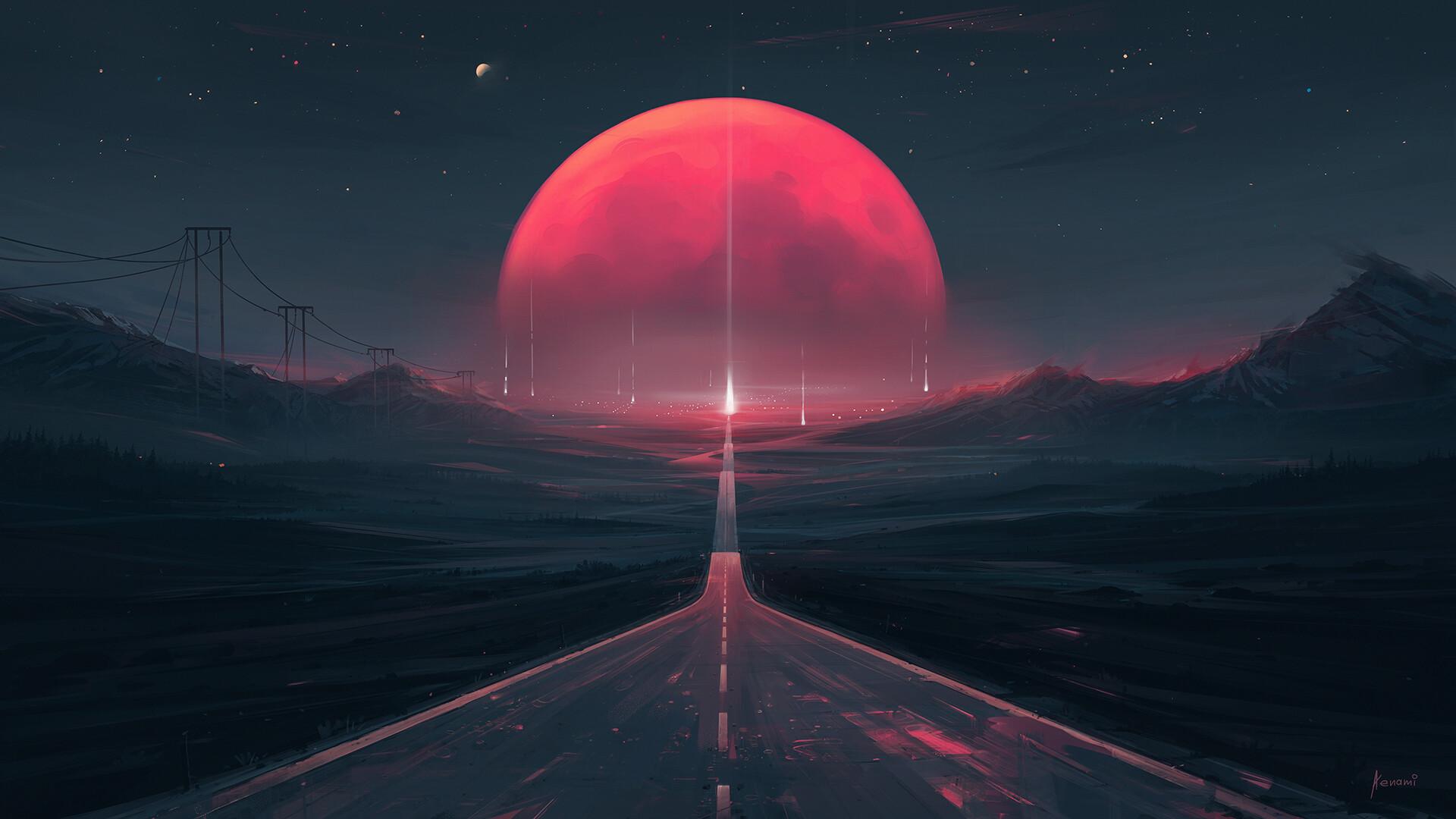 1920x1080 Aenami, artwork, ArtStation, road, long road, landscape, sky, Moon, powerlinesx1080 Wallpaper