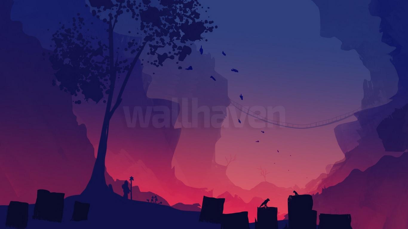 1366x768 Wallpaper / digital art, wallhaven, painting, trees, mountains, leaves, colorful, bridge free download