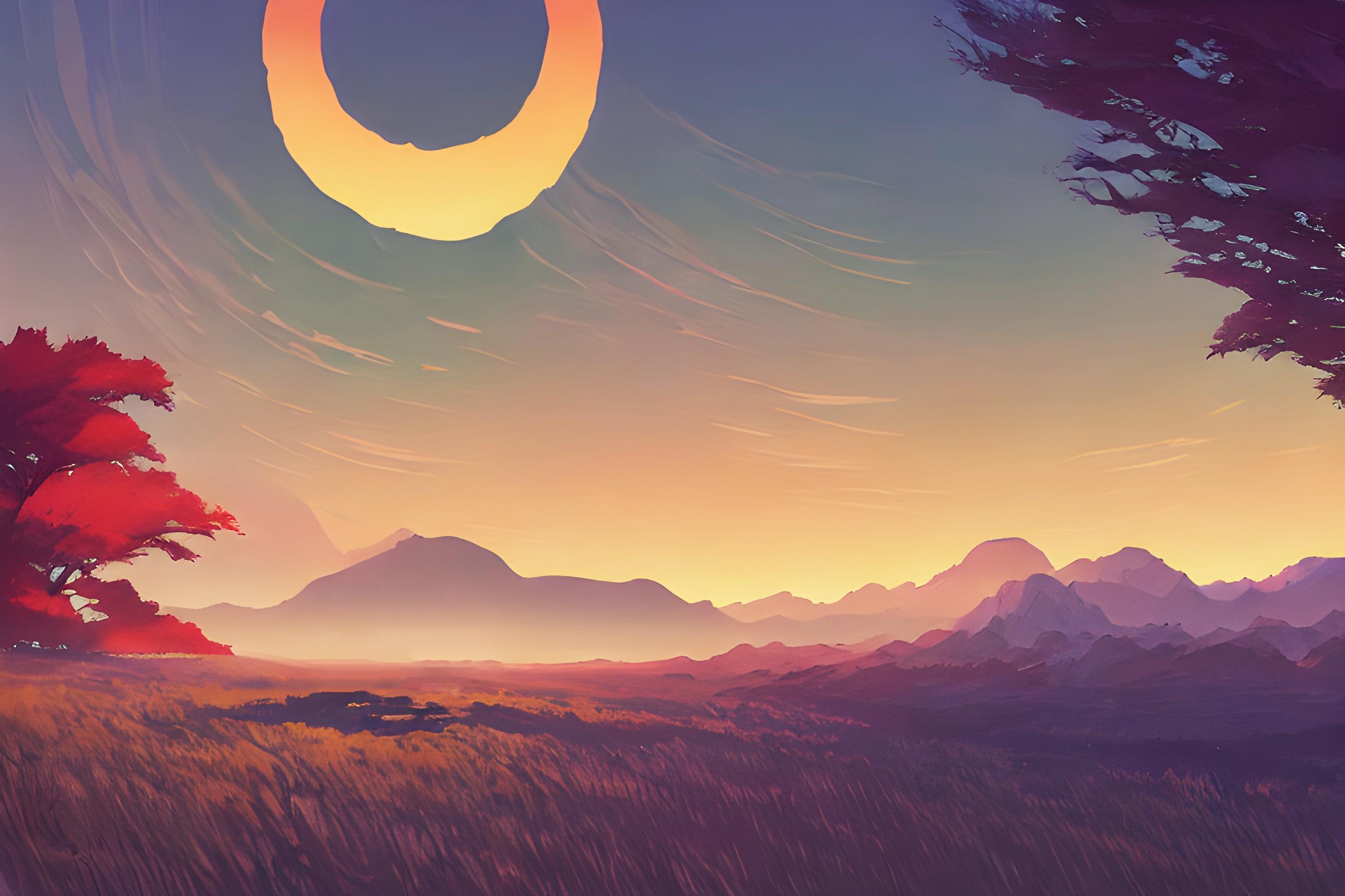 3072x2048 sunset, poster, Sun, mountains, artwork, landscape, AI artx2048 Wallpaper