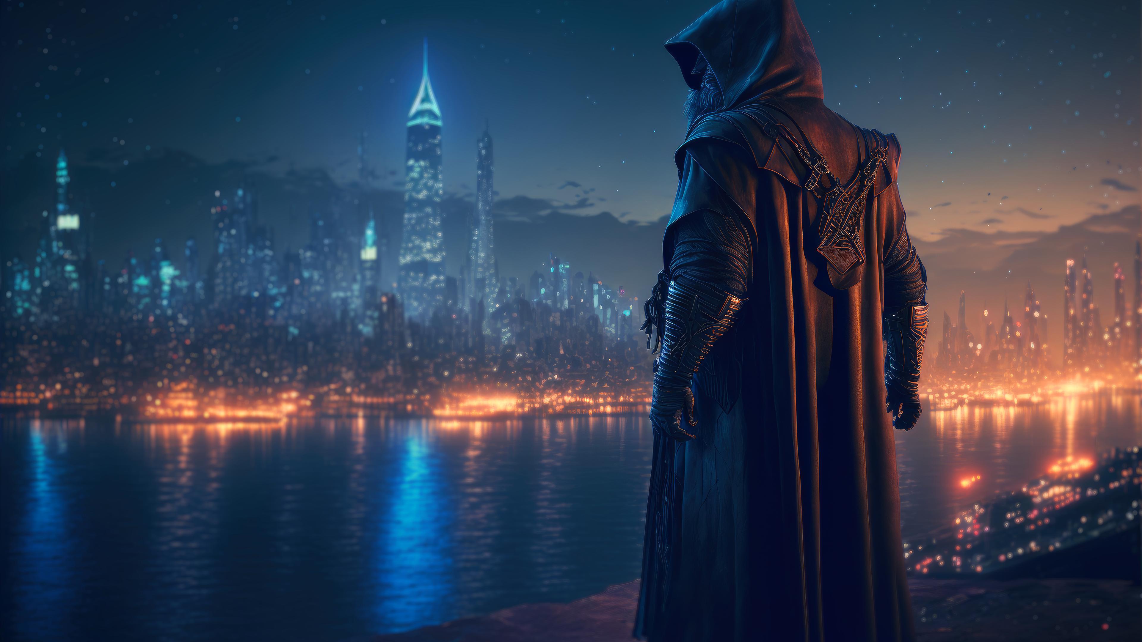 3840x2160 wizard, landscape, night, city, AI art, city lights, waterx2160 Wallpaper