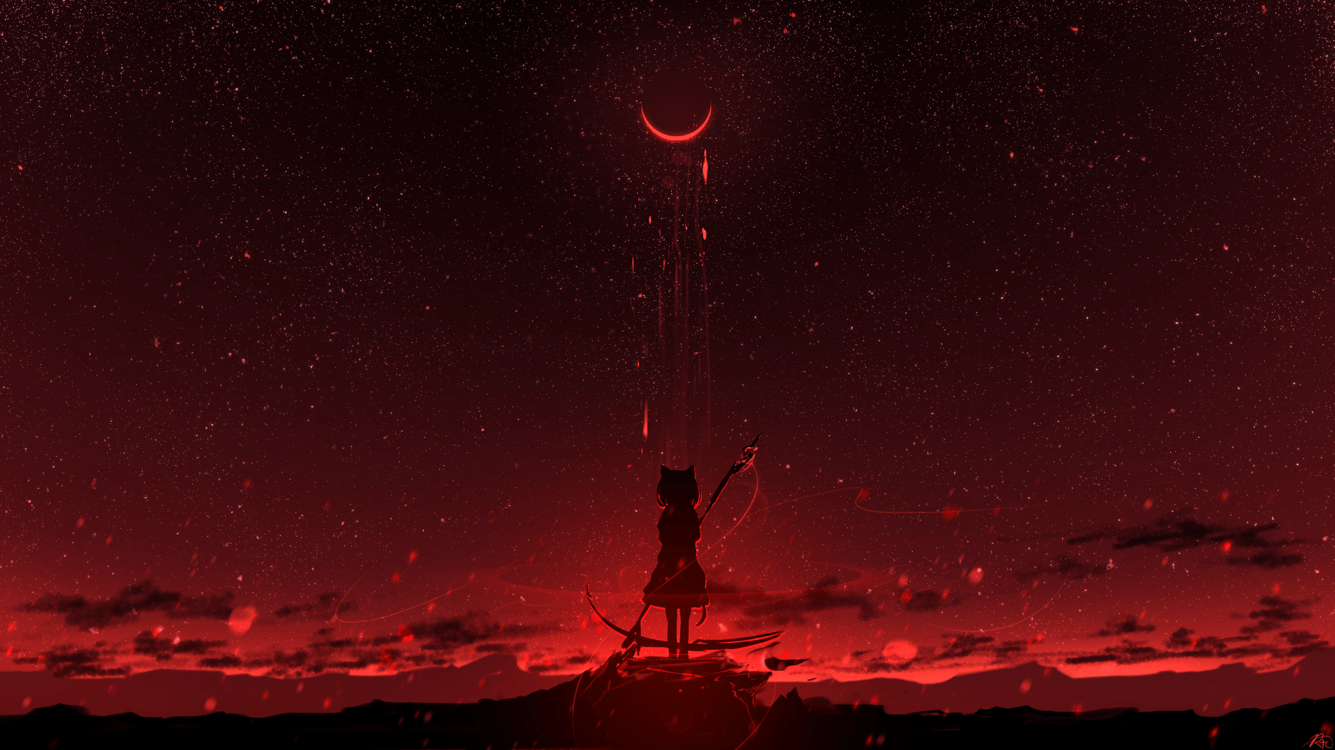 1920x1080 starry night, digital art, clouds, landscape, Moon, scythex1080 Wallpaper