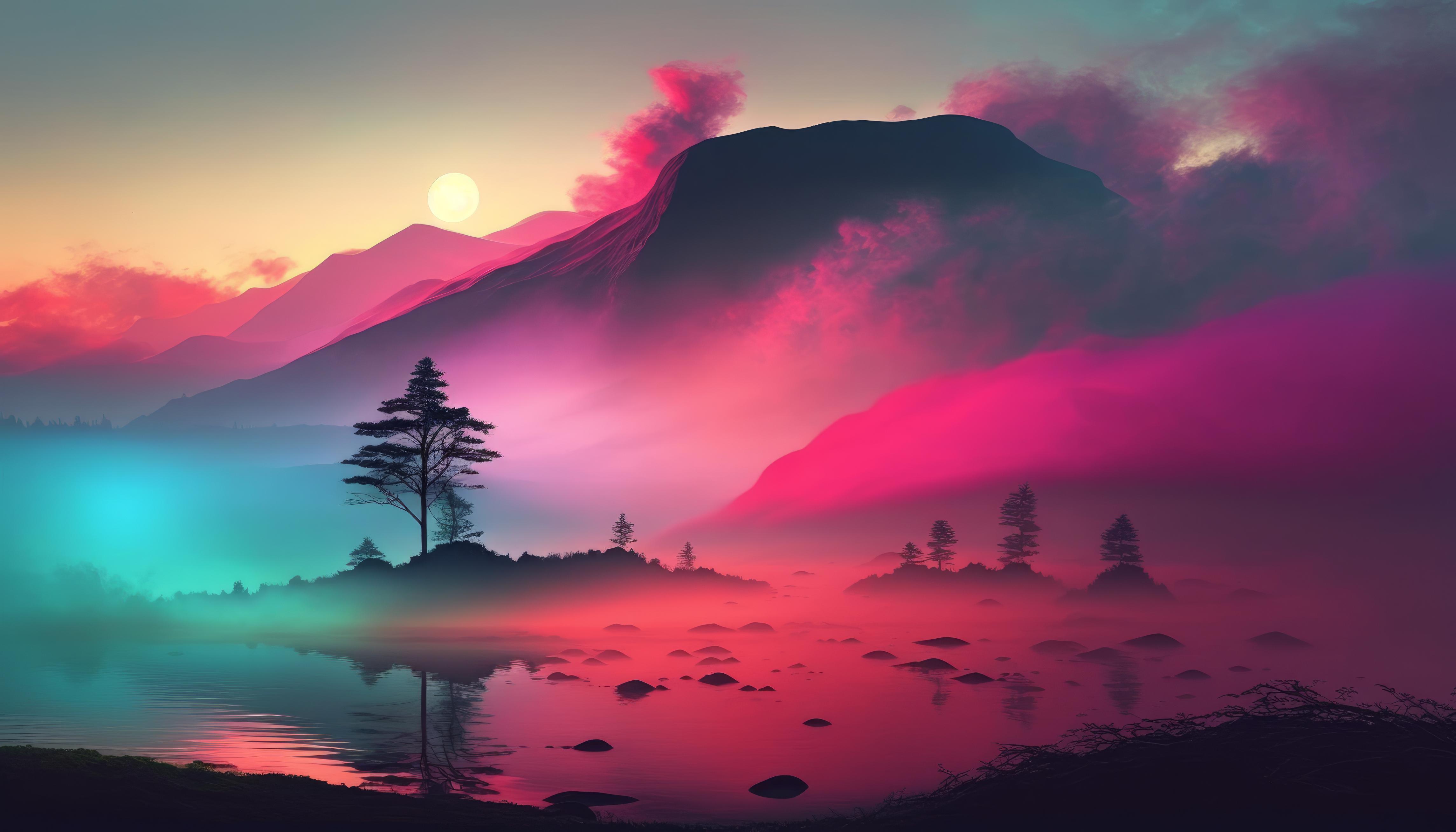4579x2616 AI art, mist, morning, sunrise, landscape, mountains, lake, nature, reflectionx2616 Wallpaper
