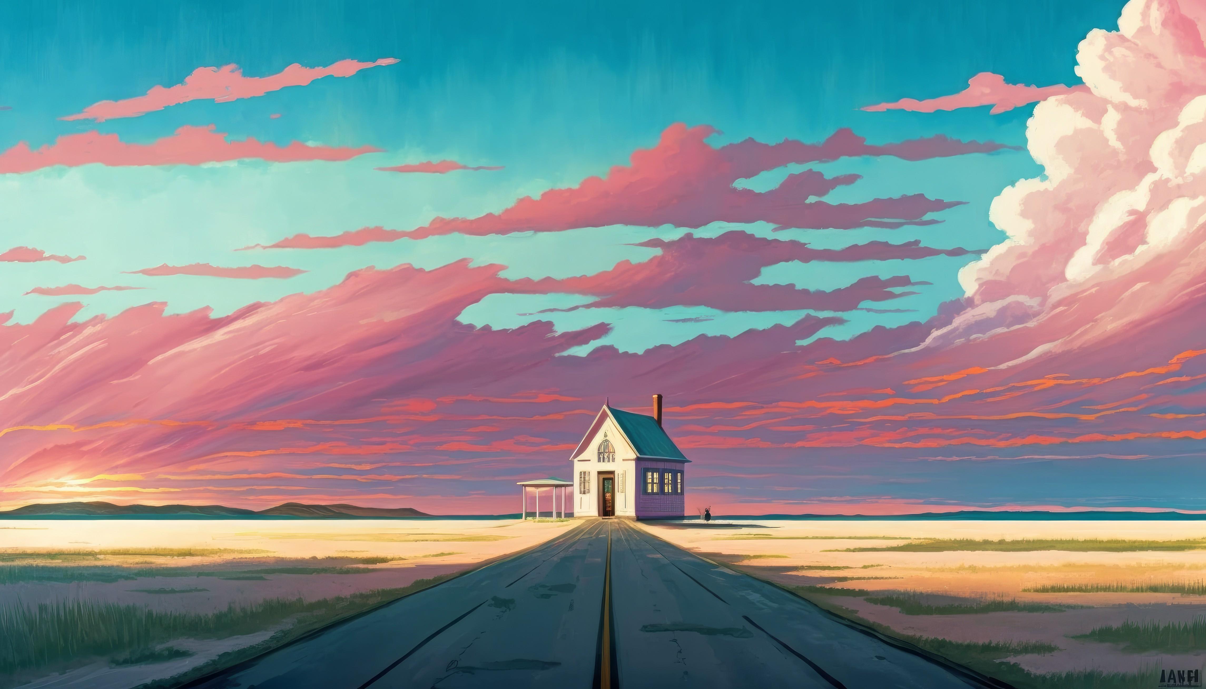 4579x2616 clouds, house, illustration, road, sky, AI artx2616 Wallpaper