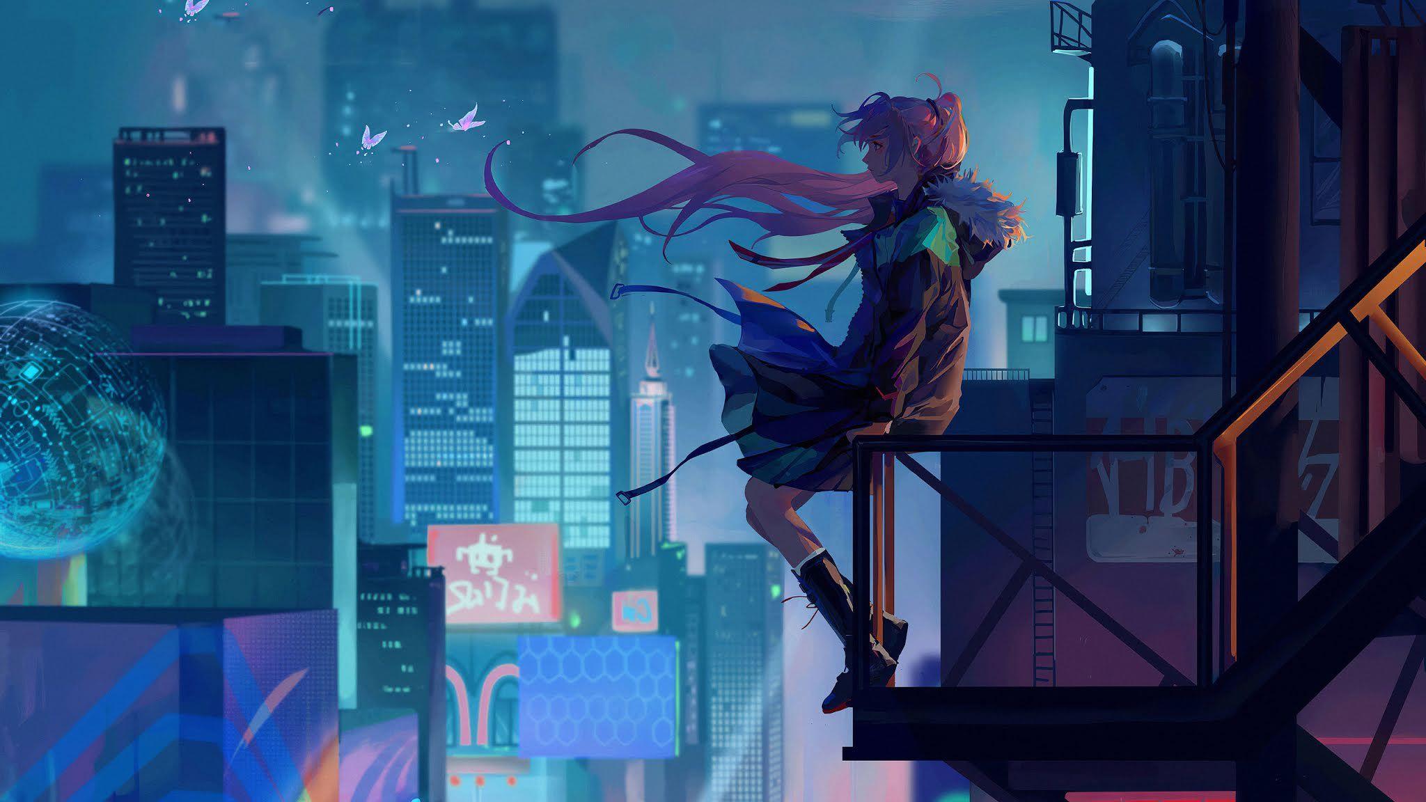 2048x1152 anime, anime girls, night, futuristic city, blue, cyanx1152 Wallpaper