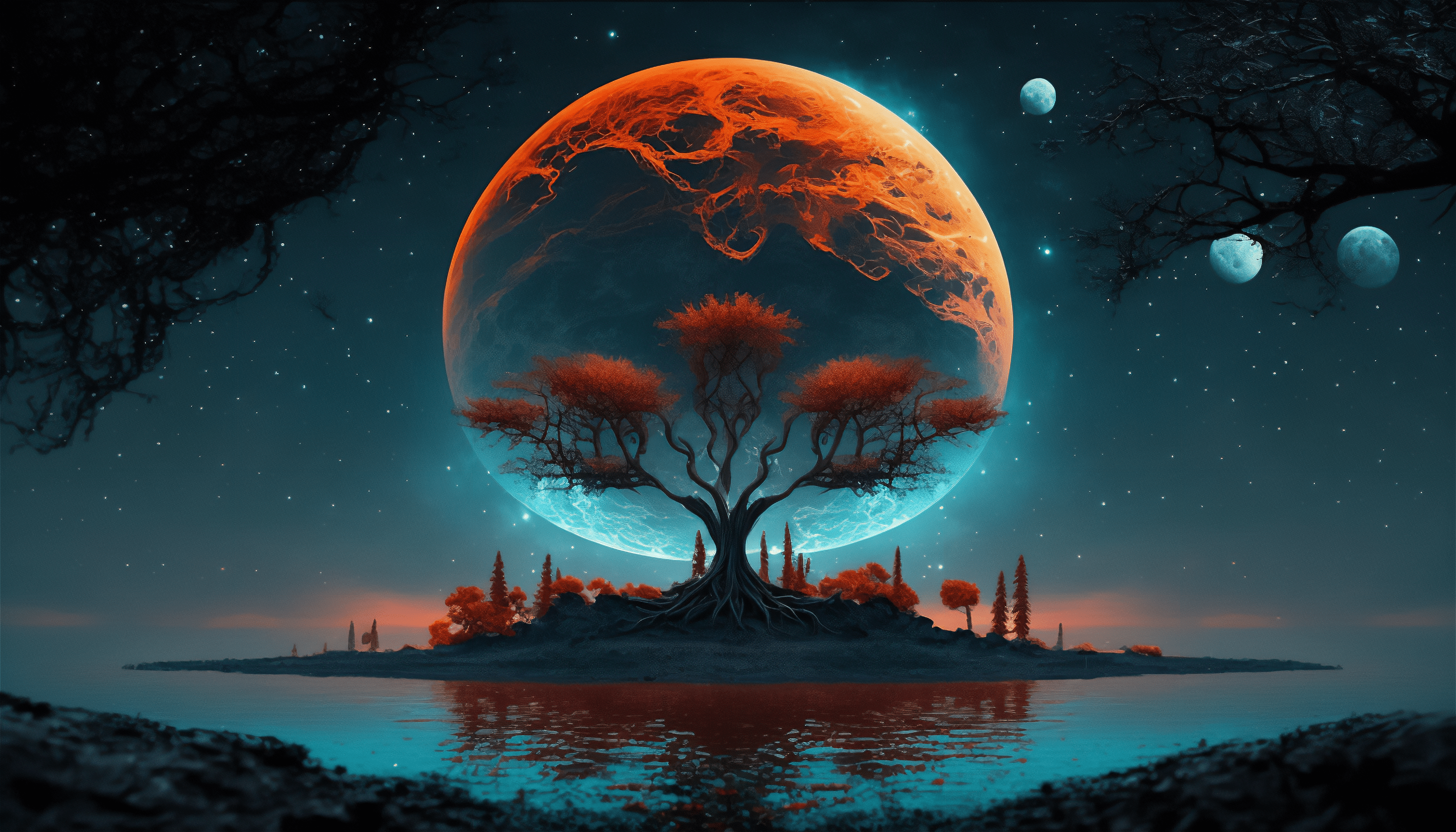 3136x1792 AI art, Moon, lake, trees, island, illustration, water, stars, skyx1792 Wallpaper