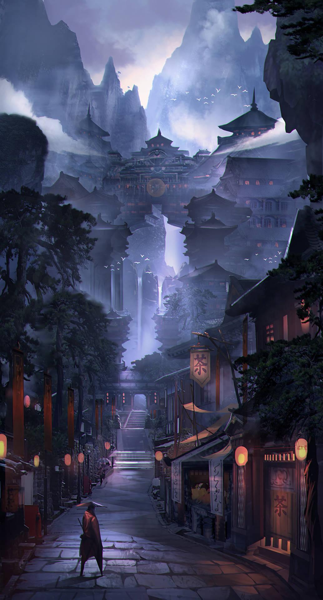 1034x1920 Download Samurai In Japanese Alley Wallpaper