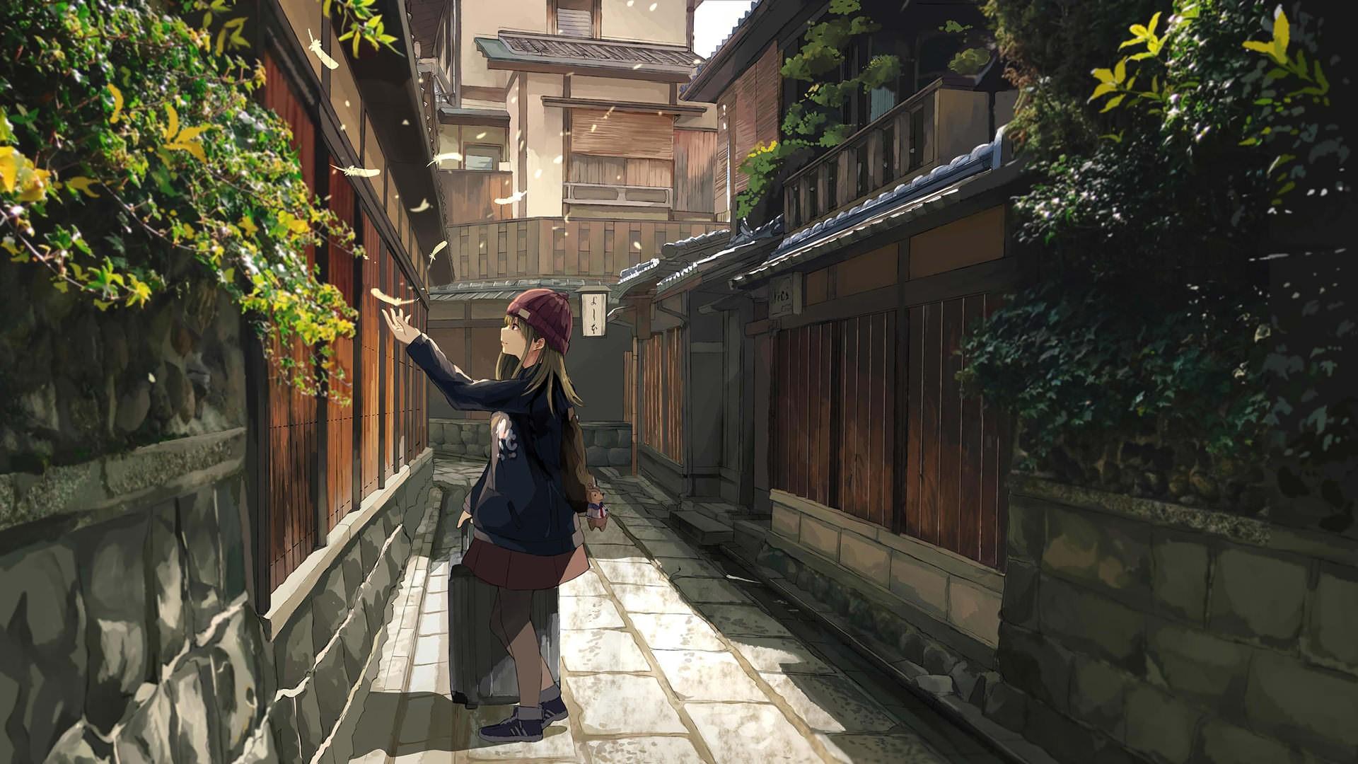 1920x1080 anime, anime girls, alleyway, beanie, artwork, street, digital art, Japan, feathers Gallery HD Wallpaper