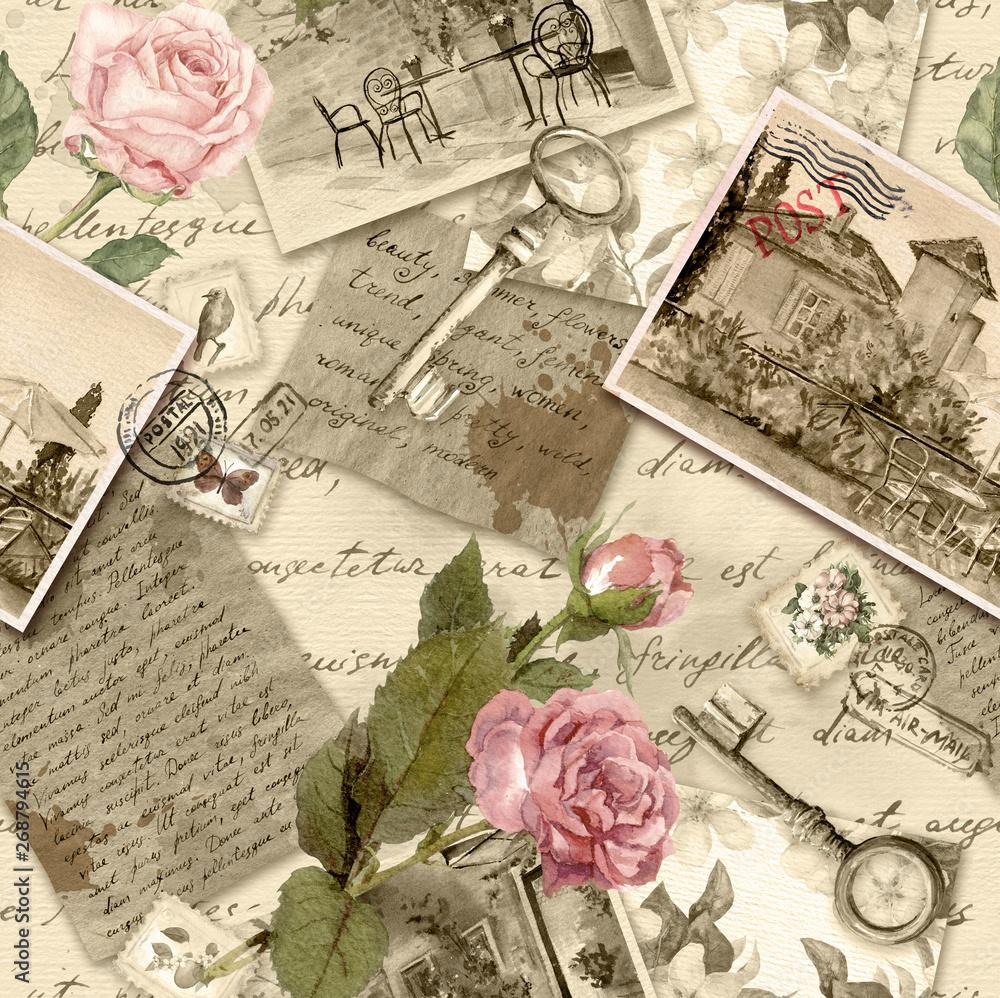 1000x998 Vintage old paper with hand written letters, photo, stamps, keys, watercolor rose flowers for scrap booking Stock Illustration