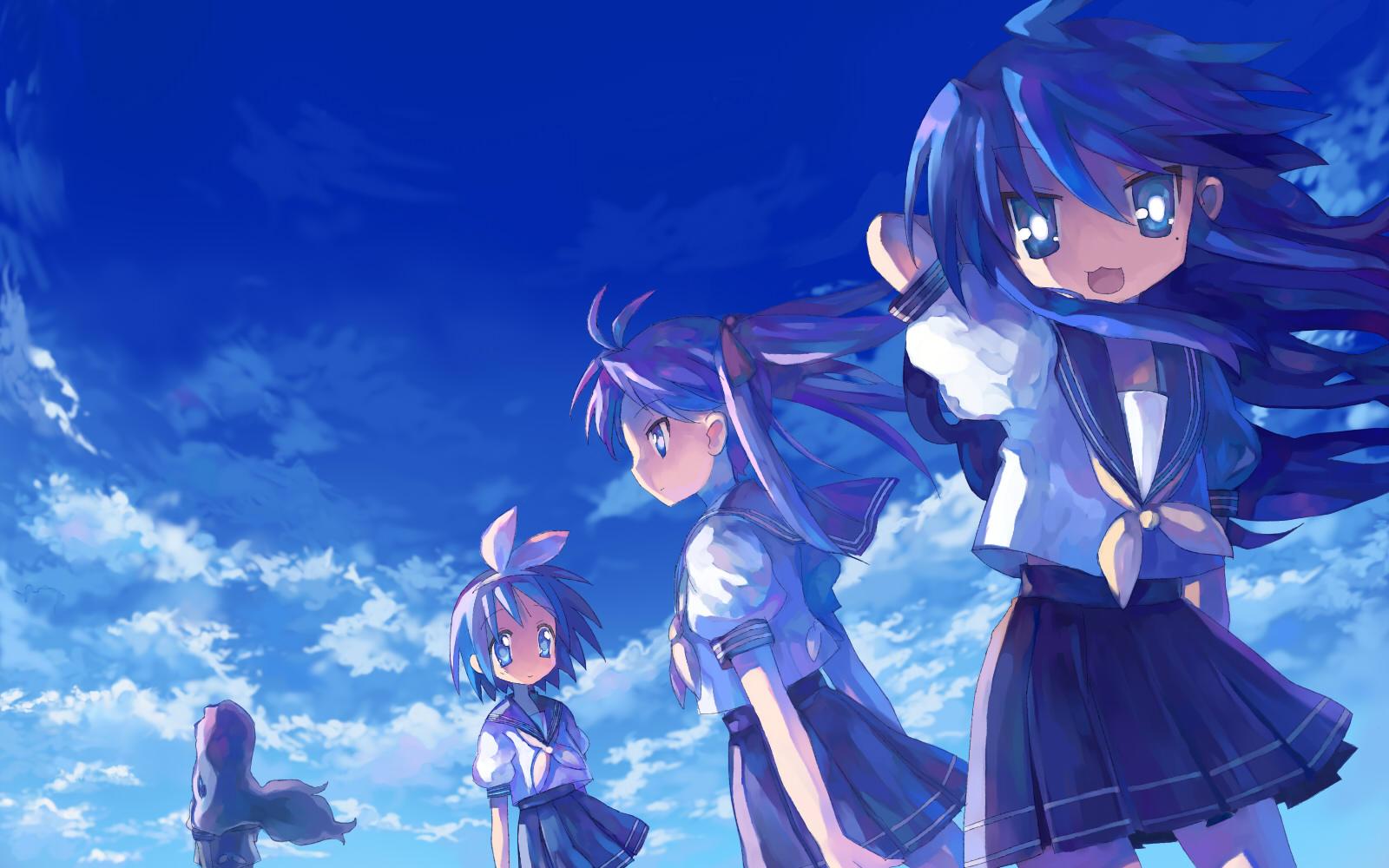 1600x1000 hiiragi kagami, izumi konata, hiiragi tsukasa, and takara miyuki (lucky star) drawn