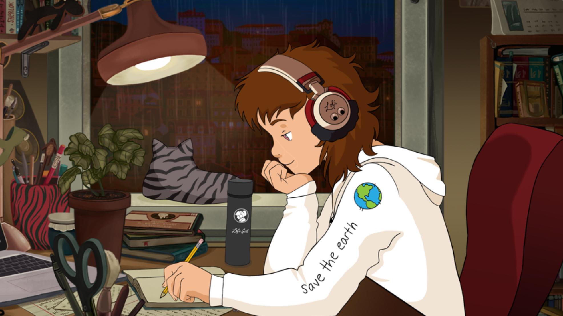 1972x1108 Cats Anime Boys LoFi Headphones Wallpaper:1972x1108