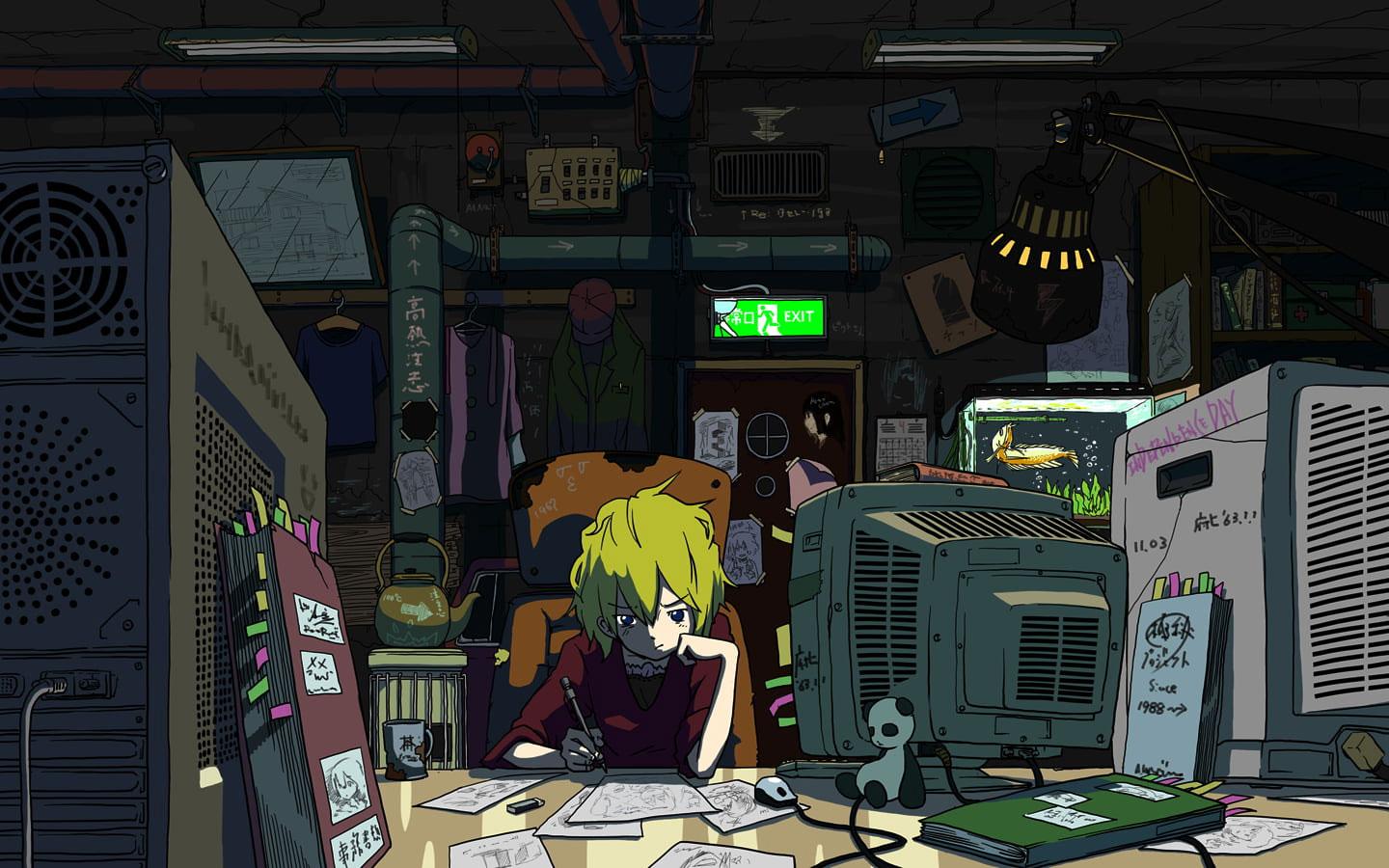 1440x900 Wallpaper Lofi Boy Writing In Front Of Crt Tv Illustration, Anime