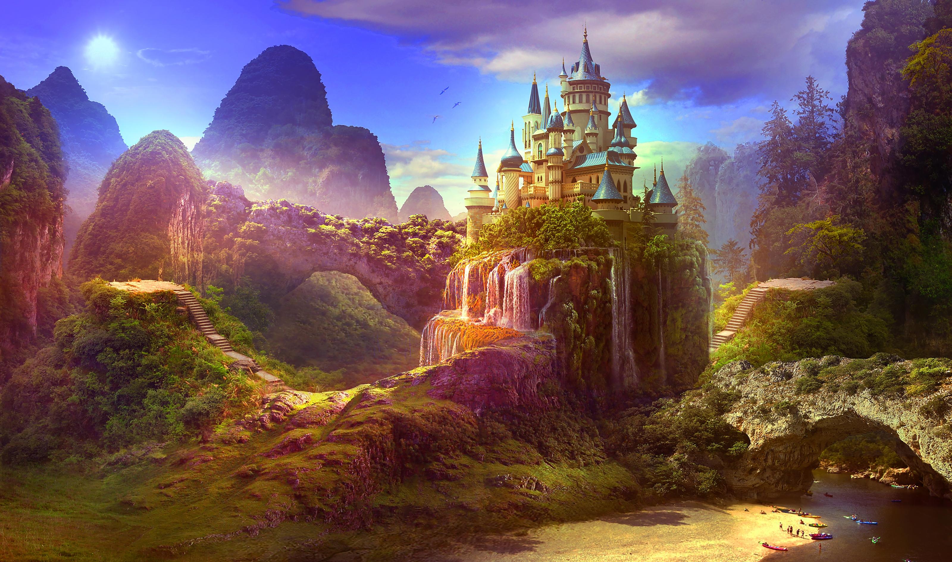 3200x1890 Download 2560x1440 Fantasy Castle, Waterfall, Paradise, Heaven, Beach Wallpaper for iMac 27 inch