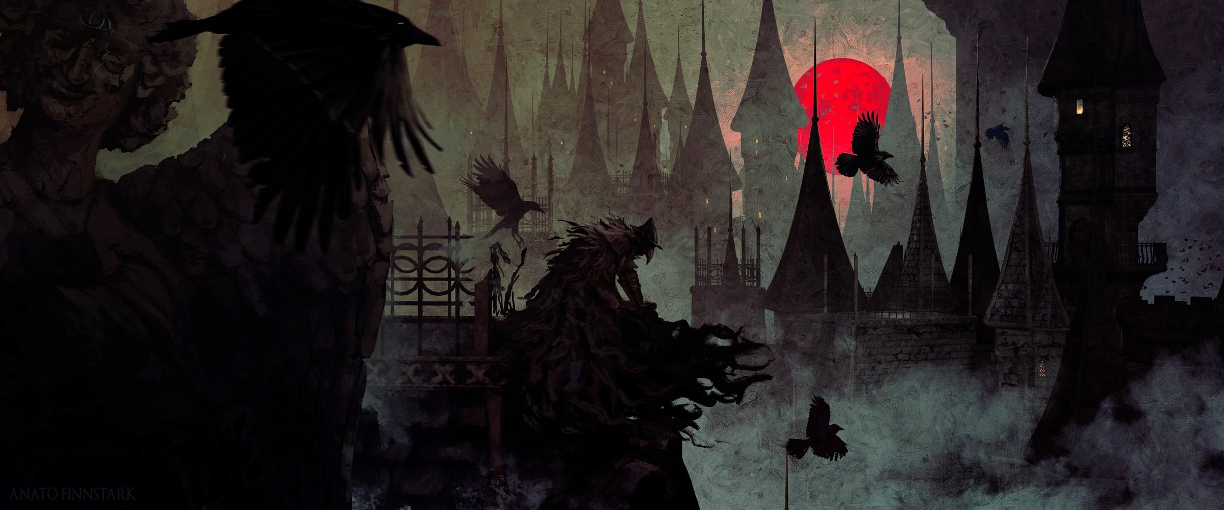 2400x1000 Fantasy Art Bloodborne Blood Moon Crow Hunter Artwork Anato Finnstark Wallpaper:2400x1000