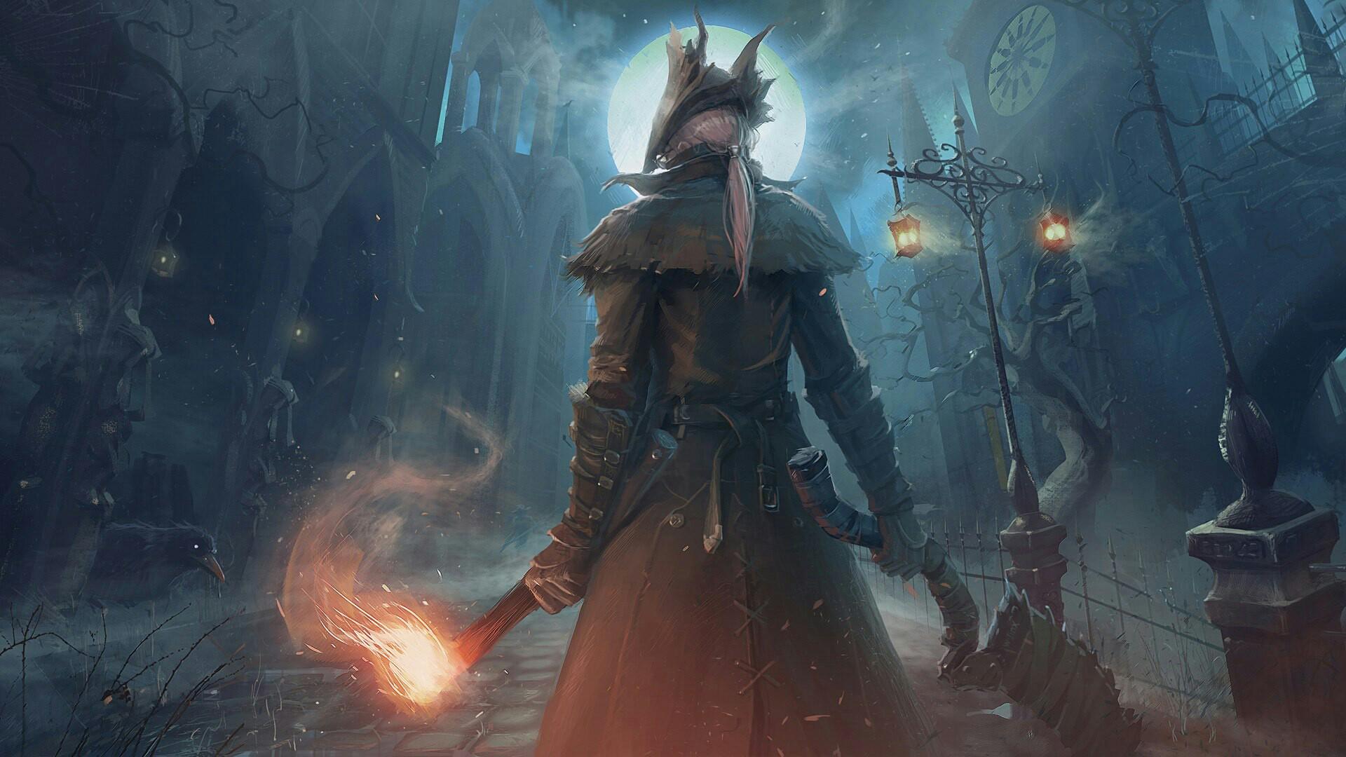 1920x1080 HD desktop wallpaper: Fantasy, Moon, City, Dark, Warrior, Video Game, Bloodborne download free picture