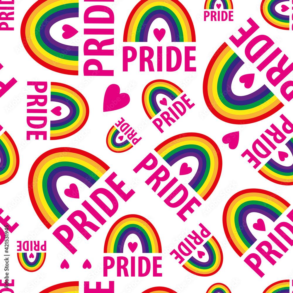1000x1000 A vector seamless pattern of the words pride. Pride lesbian, gay, bisexual transgender, heart, rainbow on a white background. Symbol of the LGBT community. For fabric, wallpaper, wrapping, websites. Stock Vector