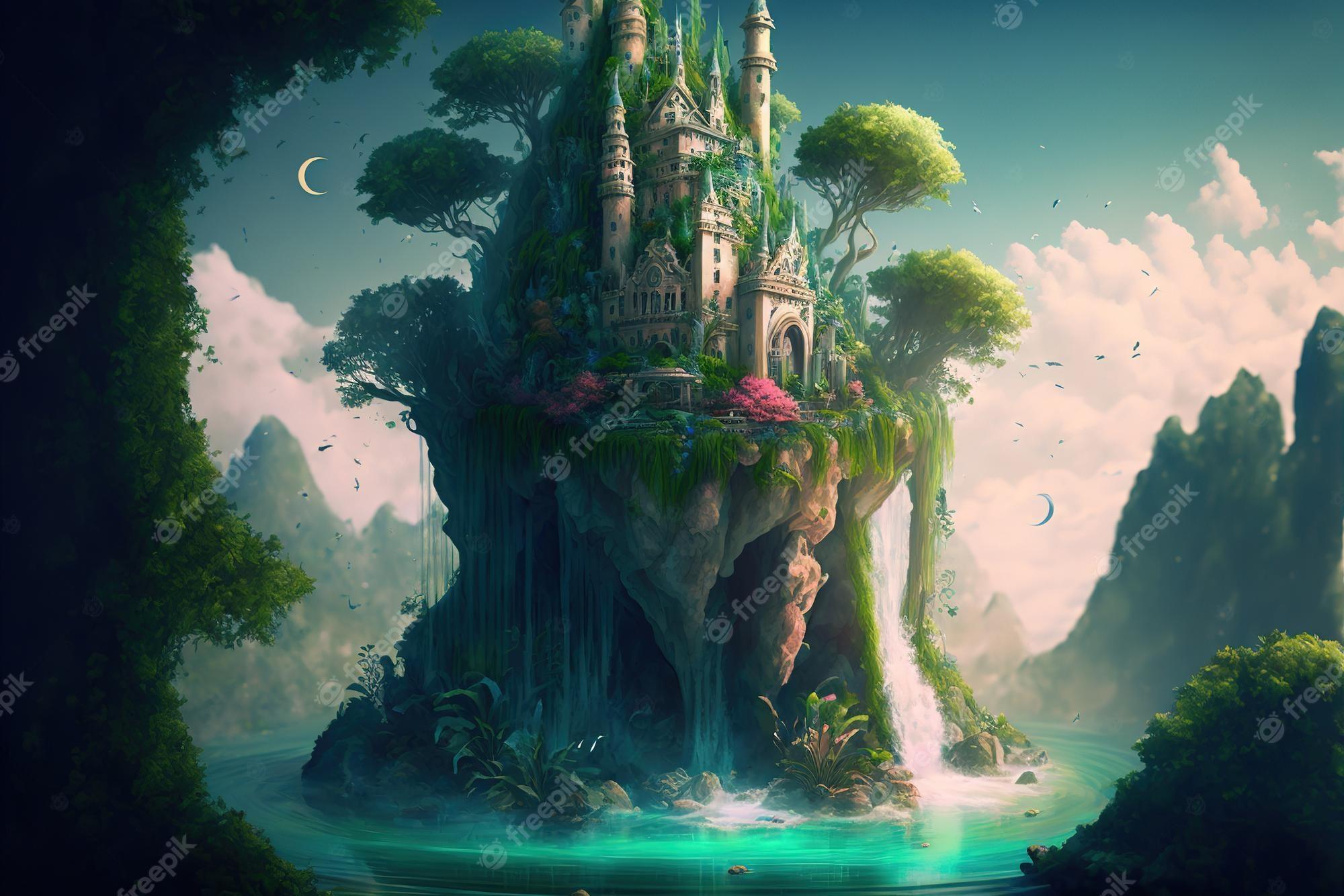 2000x1334 Premium Photo. A fantasy jungle island floating with a waterfall cascading off it