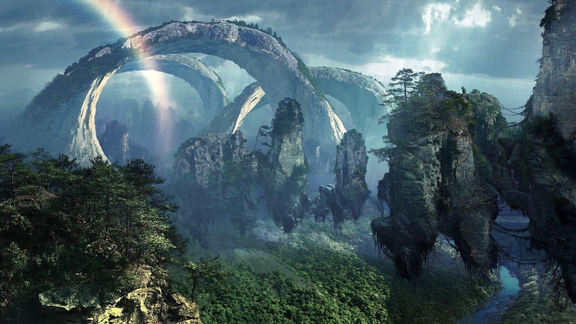 1920x1080 landscape, Earth, floating island, arch, jungle, Terrain, screenshot, atmospheric phenomenon, computer wallpaper, atmosphere of earth, geological phenomenon, water feature Gallery HD Wallpaper