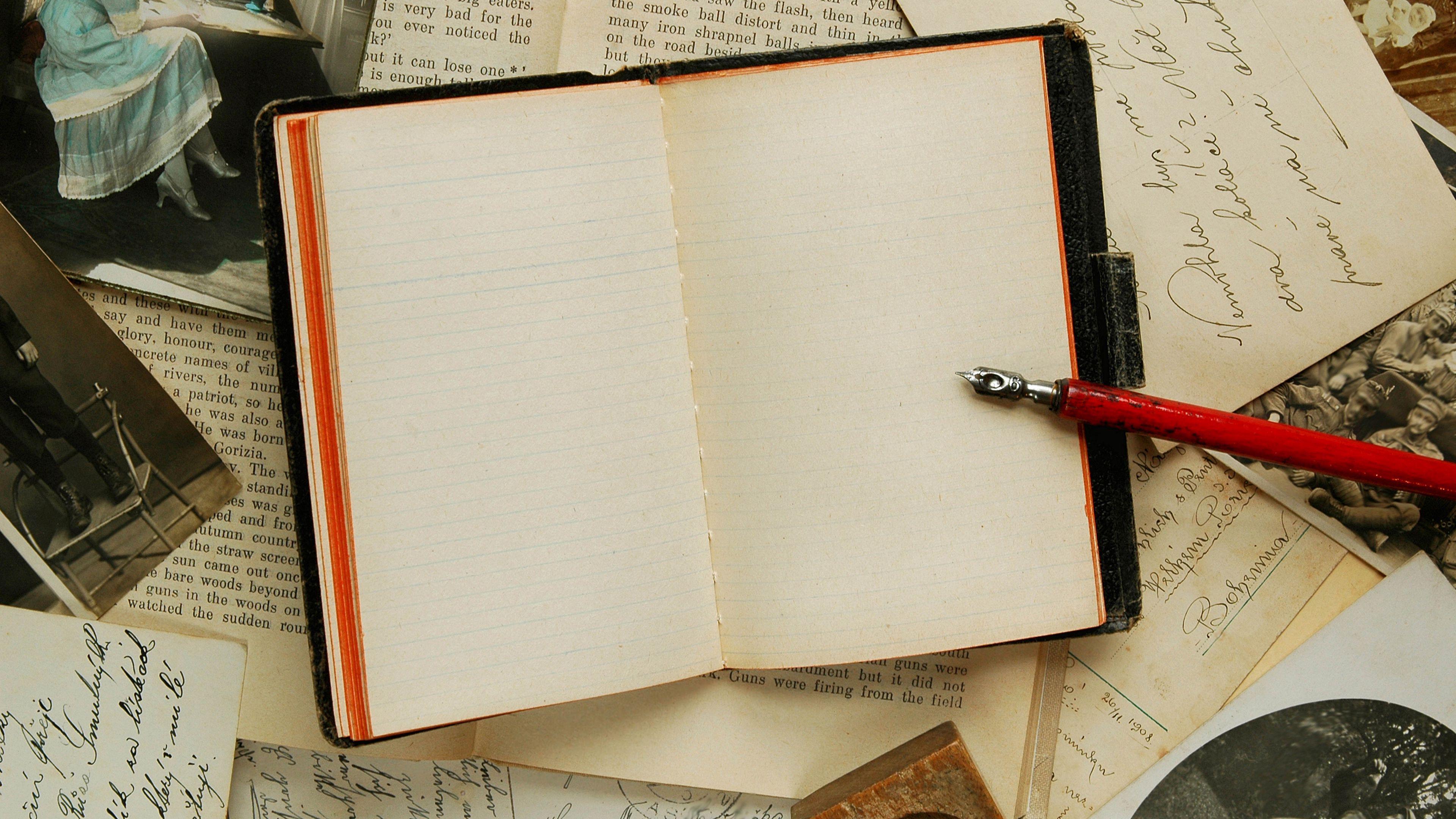 3840x2160 Wallpaper / notebook, emptiness, old, table, pen, writing, 4k free download