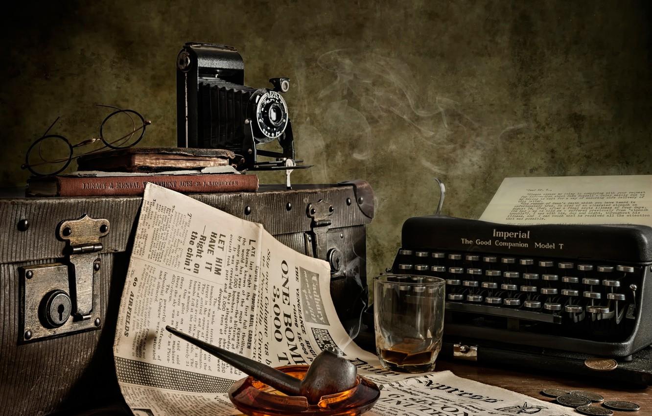 1332x850 Wallpaper retro, tube, glasses, the camera, newspaper, suitcase image for desktop, section стиль