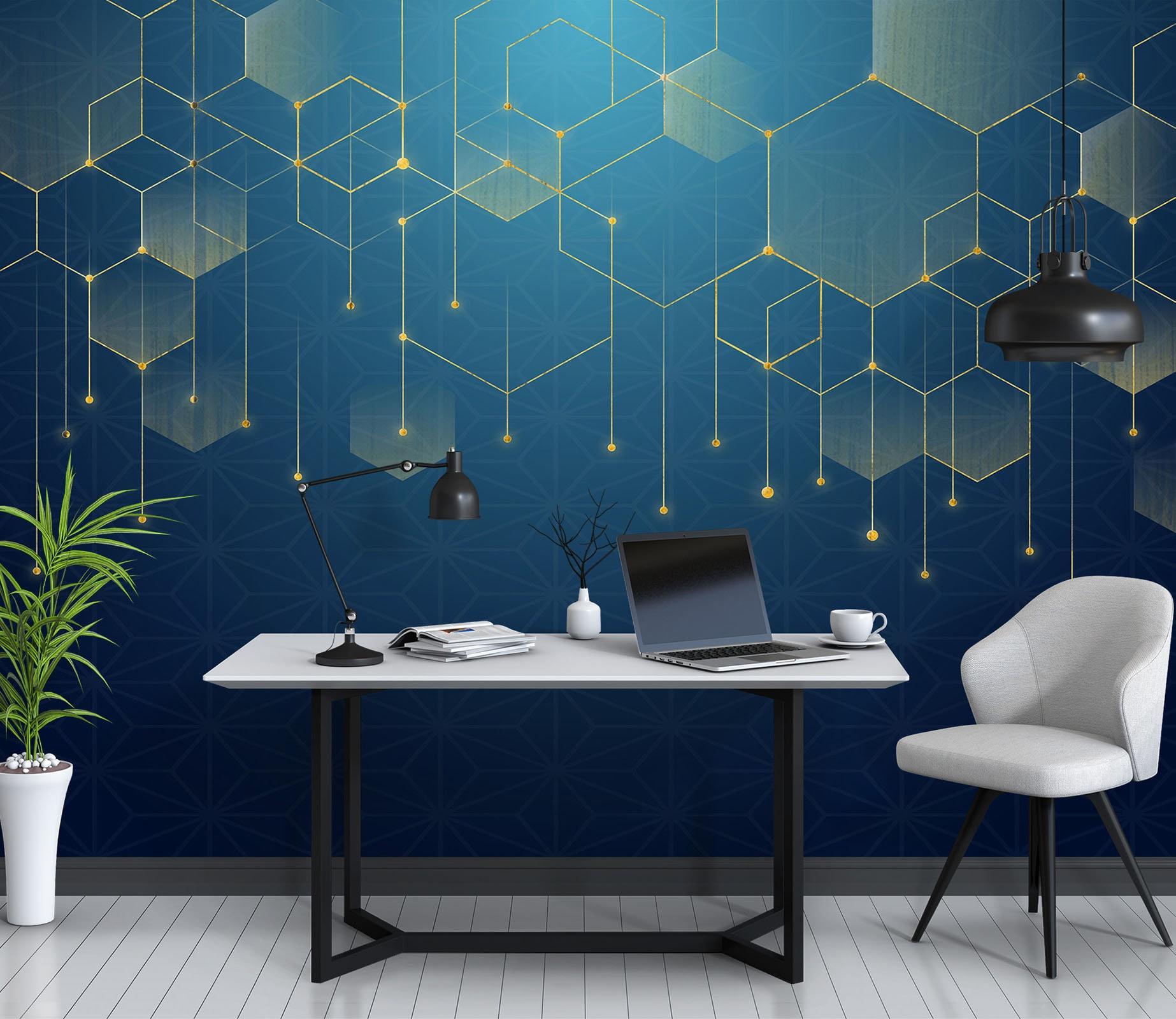 1846x1600 3D Golden Line Hexagons Home Office L1985 Commercial Removable