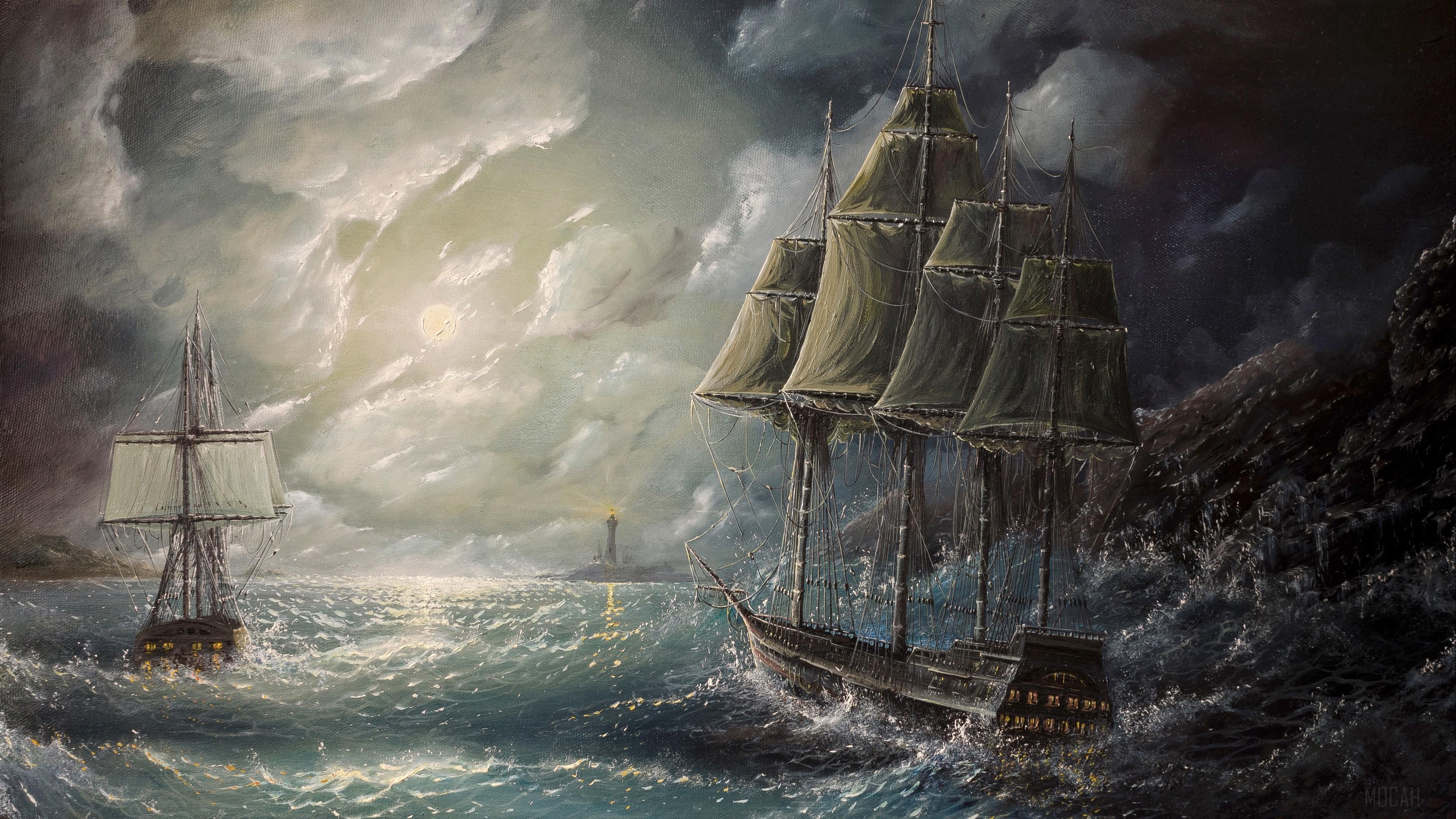 3840x2160 sea, sail, drawing, art, storm 4k Gallery HD Wallpaper